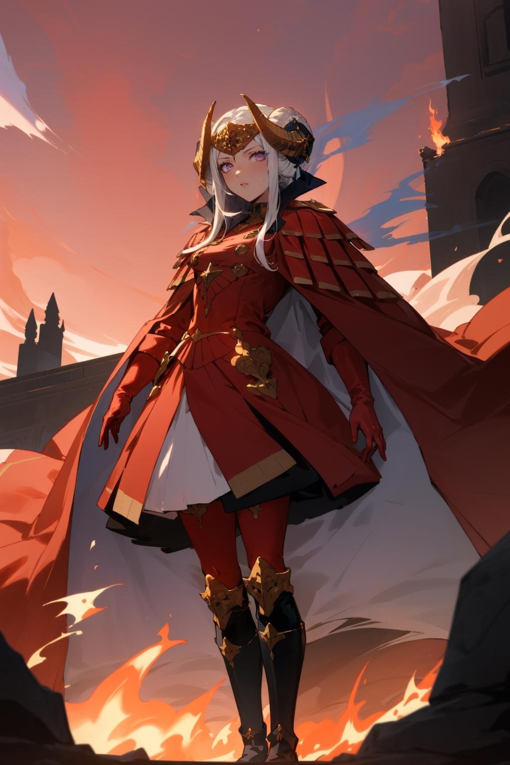 masterpiece, best quality, edelgard_timeskip, crown, horns, red dress, red gloves, red gloves, black boots, standing, looking at viewer, from below, fire, smoke, red sky, purple eyes <lora:edelgard-nvwls-v2-000012:0.9>