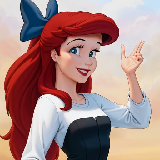 best quality, masterpiece, highres, absurdres, flat shading, 1girl, solo, <lora:ArielV3-2-000007:1>, ariel, red hair, shirt, long sleeves, black bodice, upper body, blue hair bow, smile