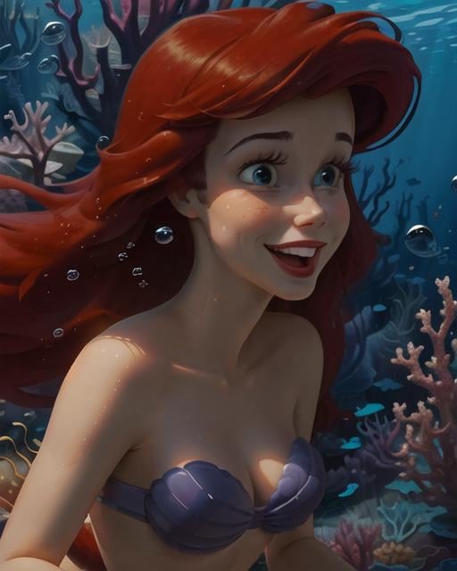 (best quality, masterpiece:1.2), highres, absurdres, 8k, intricate detail, 1girl, solo, <lora:ArielV1:1>, ariel, close-up, upper body, underwater, floating hair, sunbeam, depth of field, perfect lighting, open mouth, smile, slender, perfect face, coral reef, kelp, fish, looking at viewer, air bubbles, straight-on