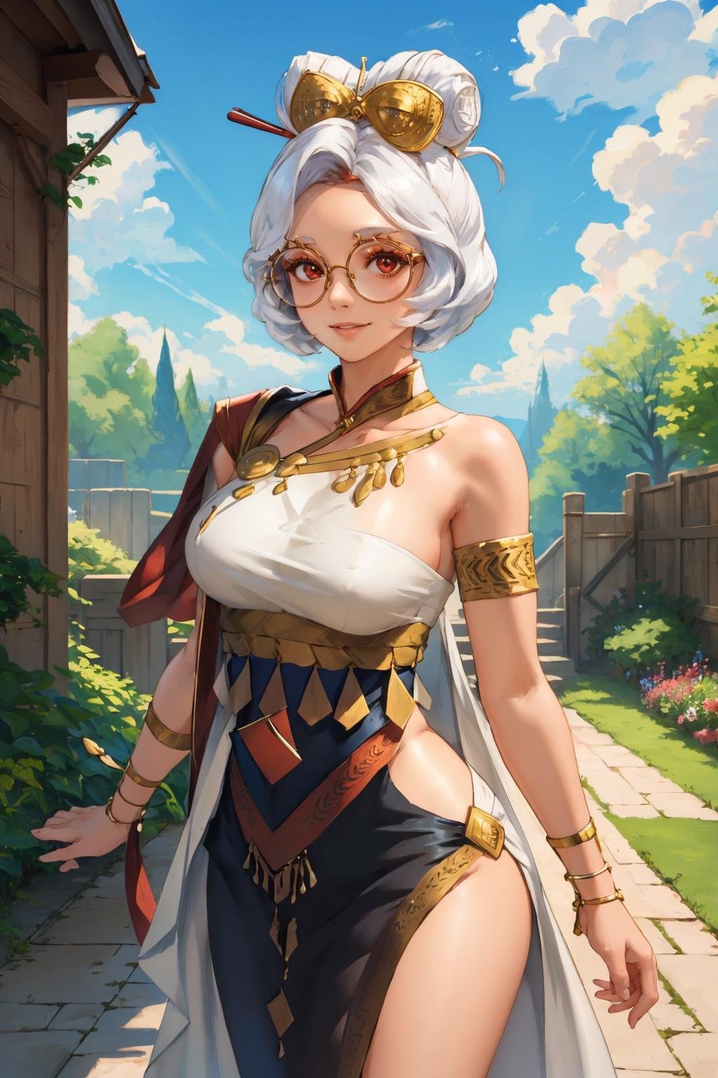 masterpiece, best quality, purah, hair ornament, hair sticks, red glasses, large breasts, black danceroutfit, looking at viewer, smile, sky, clouds, garden, cowboy shot <lora:danceroutfit-nvwls-v1-000008:1> <lora:purah-nvwls-v3-final:0.9>