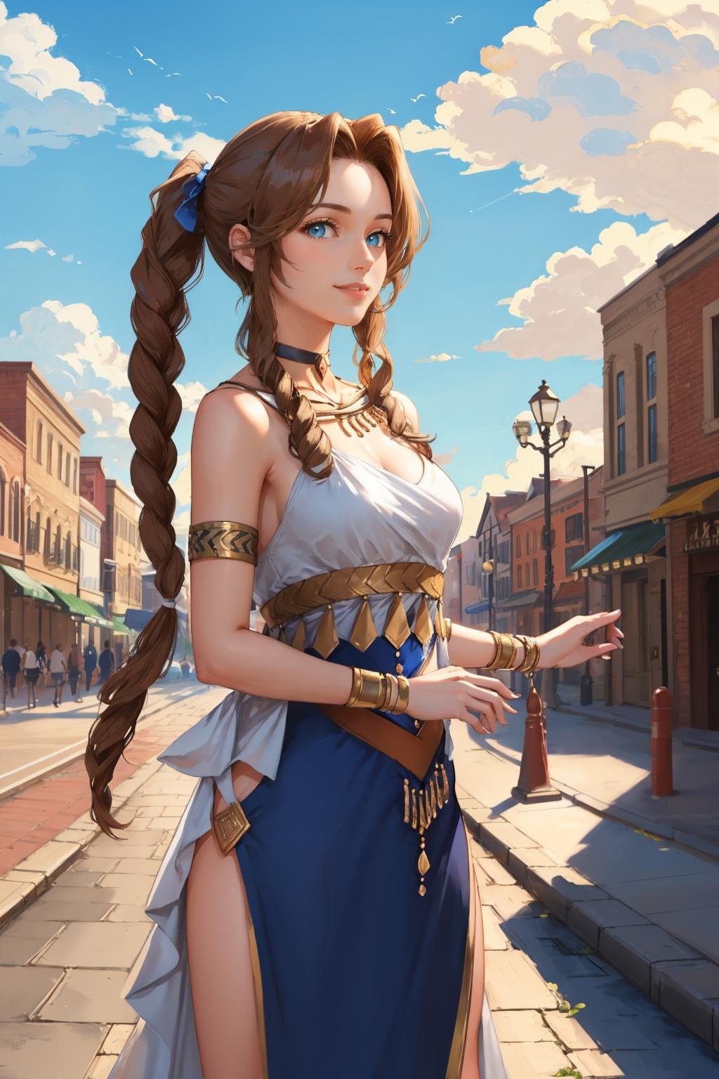 masterpiece, best quality, aerith gainsborough, choker, blue danceroutfit, looking at viewer, smile, sky, clouds, city street, standing, cowboy shot <lora:danceroutfit-nvwls-v1-000008:1>  <lora:aerith-nvwls-v1-final:0.7> 