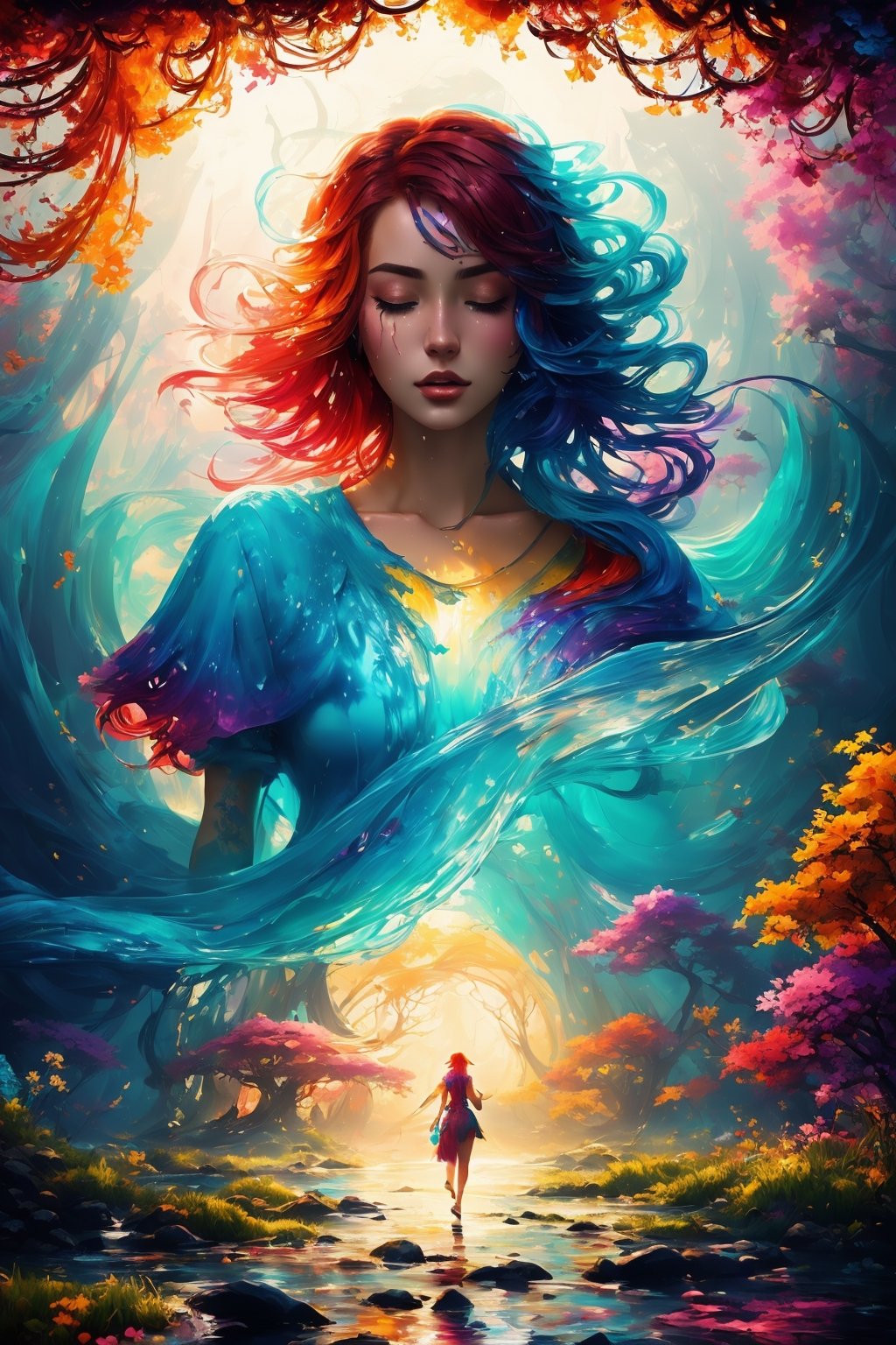 An epic 8K resolution splash art masterpiece, (Immersive splash-style painting:1.3), A surrealistic vision of a woman with flowing red hair and closed eyes, without eye makeup, wearing headphones that transport her to a tropical paradise, (Capturing the flowing allure in every stride:1.3), The composition is framed perfectly, drawing the viewer into a world of dreams and imagination, (An art cover that defies reality:1.3), Created in the style reminiscent of the great artists Greg Rutkowski, Loish, Rhads, Beeple, Makoto Shinkai, Lois van Baarle, Ilya Kuvshinov, Rossdraws, Tom Bagshaw, and Alphonse Mucha, (A masterpiece that stands out on DeviantArt:1.3), The art features a mesmerizing interplay of complementary colors and fantasy concept art elements, (A feast for the eyes with vibrant paint dripping:1.3), The splash-style technique swirls, drips, and melts into a breathtaking contour with intricate details, (A splash screen that sets the tone for the album:1.3), The woman is surrounded by a detailed and intricate environment, beautifully lit with global illumination, (Creating a world that comes to life:1.3)