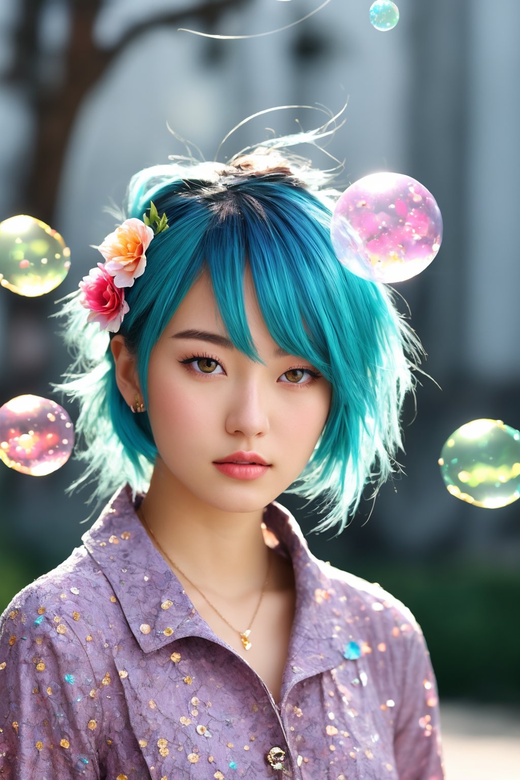 (masterpiece), (best quality), (ultra detailed),(disheveled hair),(illustration), (1girl), (Fashionable clothing), standing, Fashion model, looking at viewer, (interview), (simple background),beautiful detailed eyes, delicate beautiful face, Floating,(high saturation),(colorful splashes),colorful bubble,(shining), focus on face,  ponytail, kamisato ayaka, light blue hair, bangs, hair ring, floating flowers, floating hairs, (shining), best lighting, best shadow