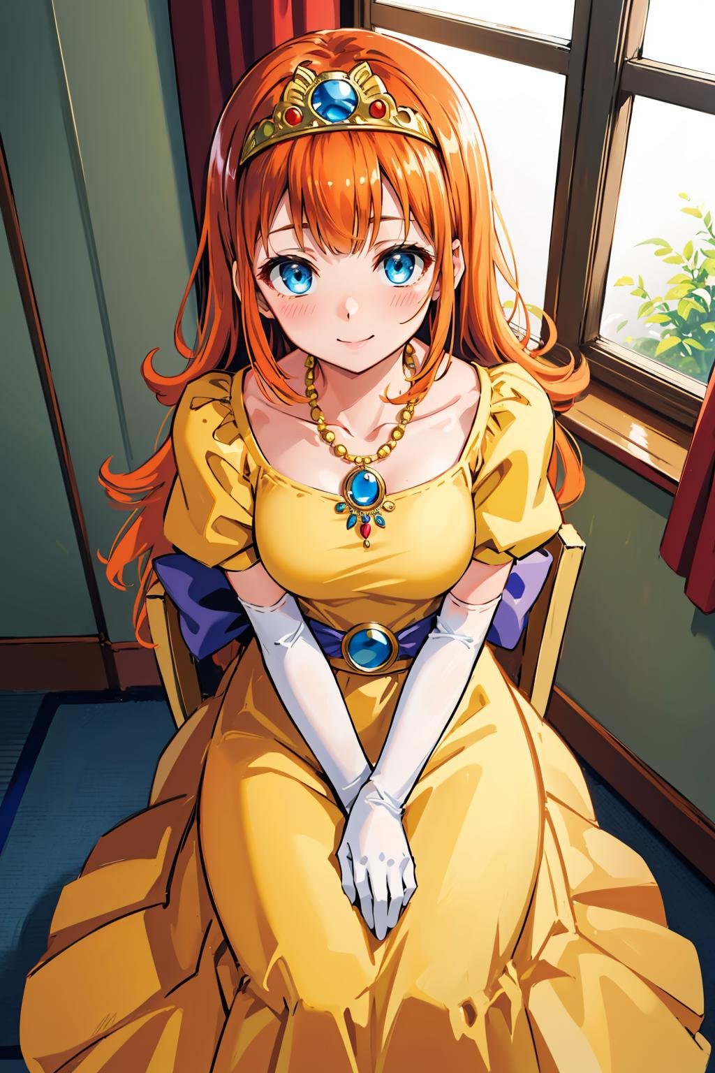 masterpiece, best quality, dqLaura, orange hair, tiara, necklace, yellow dress, elbow gloves, sitting, hands on own lap, chair, indoors, mansion, looking at viewer, from above, smile, blushing <lora:dqlaura-nvwls-v1-000010:0.9> 