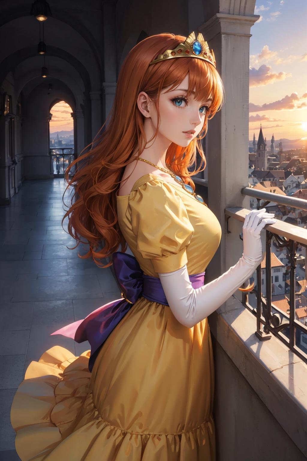 masterpiece, best quality, dqLaura, orange hair, tiara, necklace, yellow dress, elbow gloves, from side, looking at viewer, castle, balcony, sunset, surprised<lora:dqlaura-nvwls-v1-000010:0.9> 