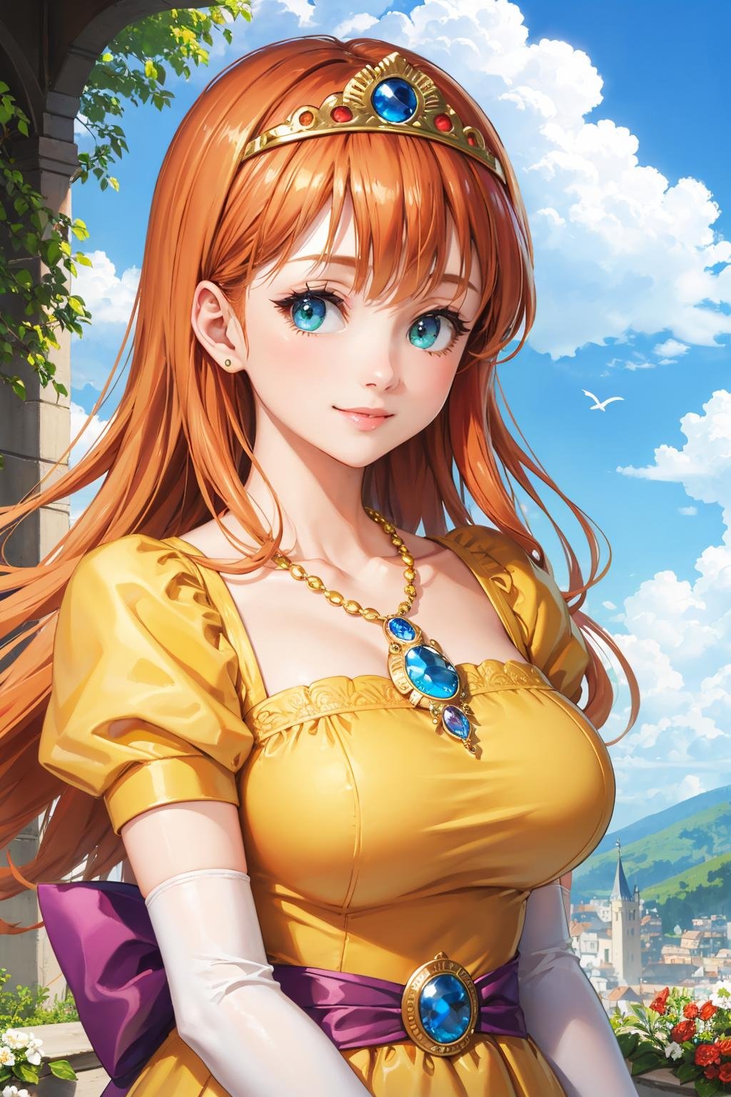 masterpiece, best quality, dqLaura, orange hair, large breasts, tiara, necklace, yellow dress, elbow gloves, upper body, looking at viewer, castle, sky, spring, smile <lora:dqlaura-nvwls-v1-000010:0.9>