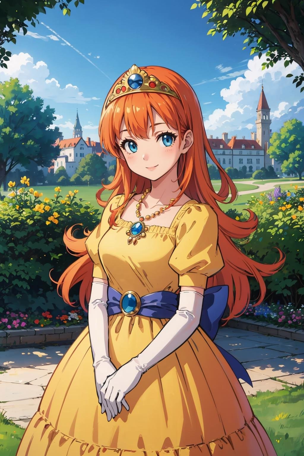 masterpiece, best quality, dqLaura, orange hair, tiara, necklace, yellow dress, elbow gloves, cowboy shot, looking at viewer, castle, garden, sky, spring, smile <lora:dqlaura-nvwls-v1-000010:0.9> 