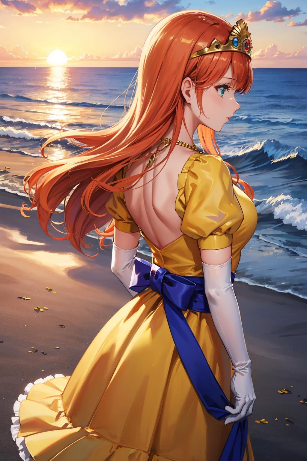 masterpiece, best quality, dqLaura, orange hair, tiara, necklace, yellow dress, elbow gloves, cowboy shot, from behind, sunset, ocean <lora:dqlaura-nvwls-v1-000010:0.9> 