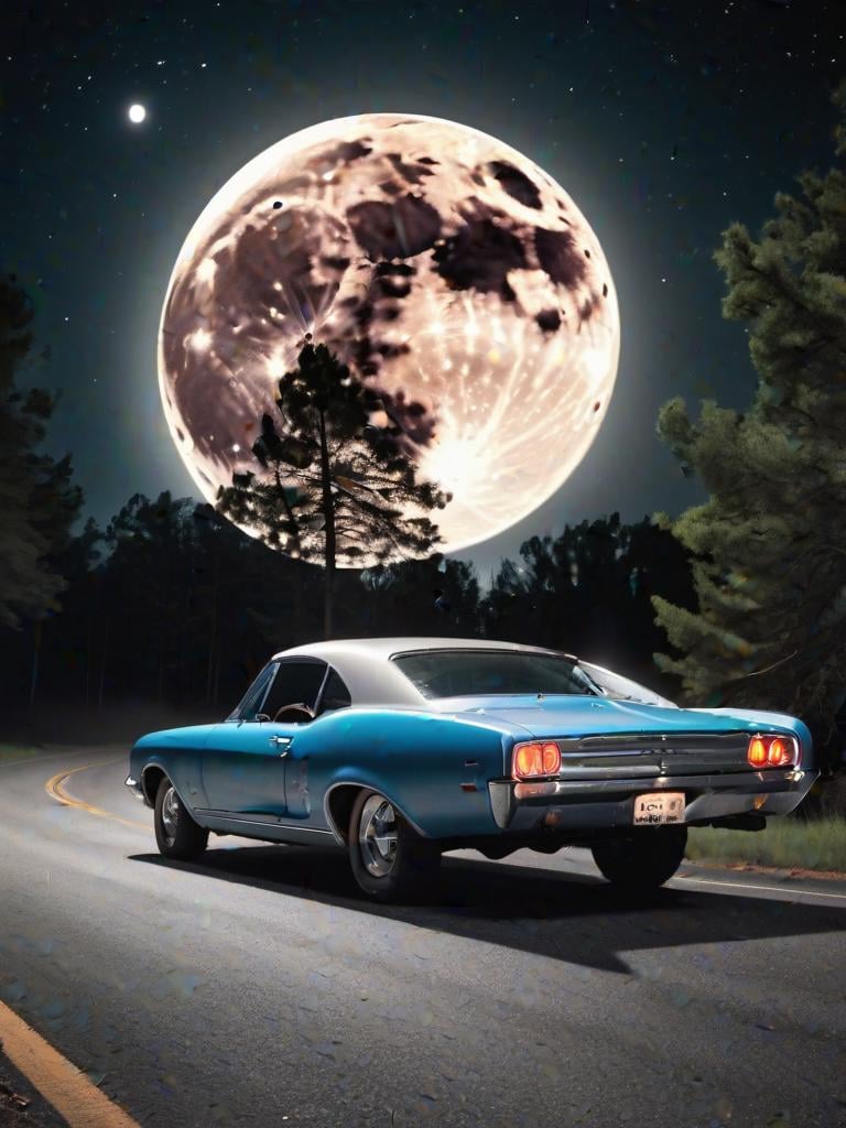 hyper detailed photograph of an old retro 60's car driving underneath a huge detailed full circular moon, stars in sky, nighttime,|photographic, realism pushed to extreme, fine texture, incredibly lifelike, cinematic, large format camera, photo realism, DSLR, 8k uhd, hdr, ultra-detailed, high quality, high contrast