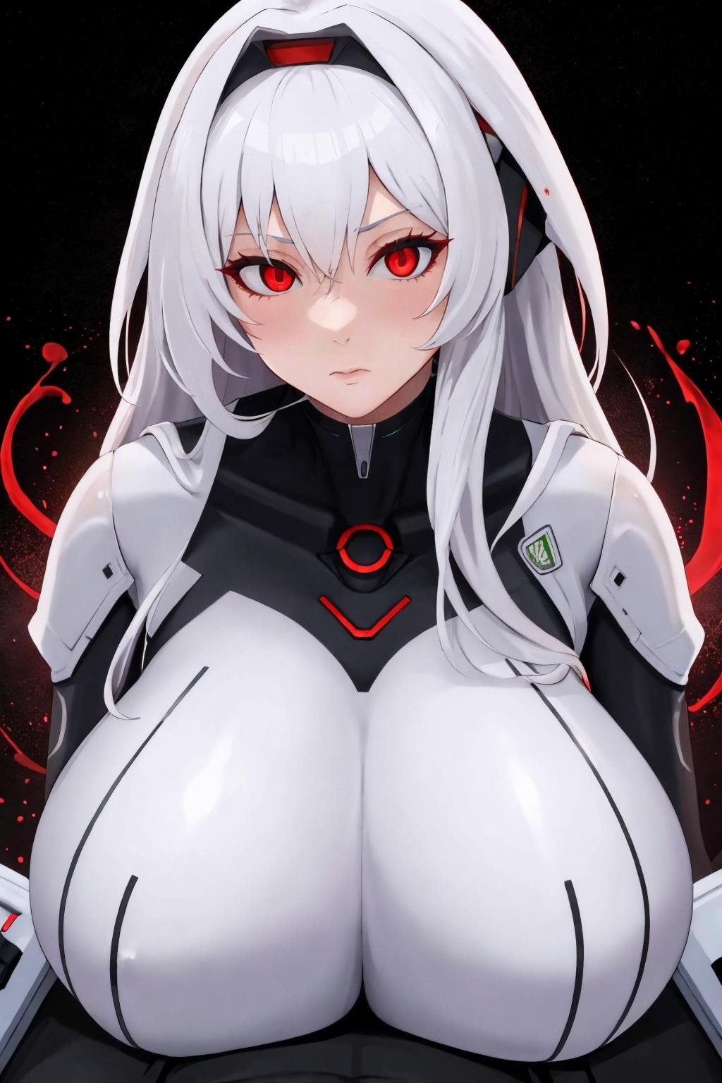 masterpiece, best quality, 1girl, solo, <lora:ayre-acvi-richy-v1:1> ayre, huge breasts, long hair, mature female, red eyes, black background, bodysuit, science fiction, paizuri, <lora:PaizuriAIOv24 - LoConV2-000050:1> Zur1