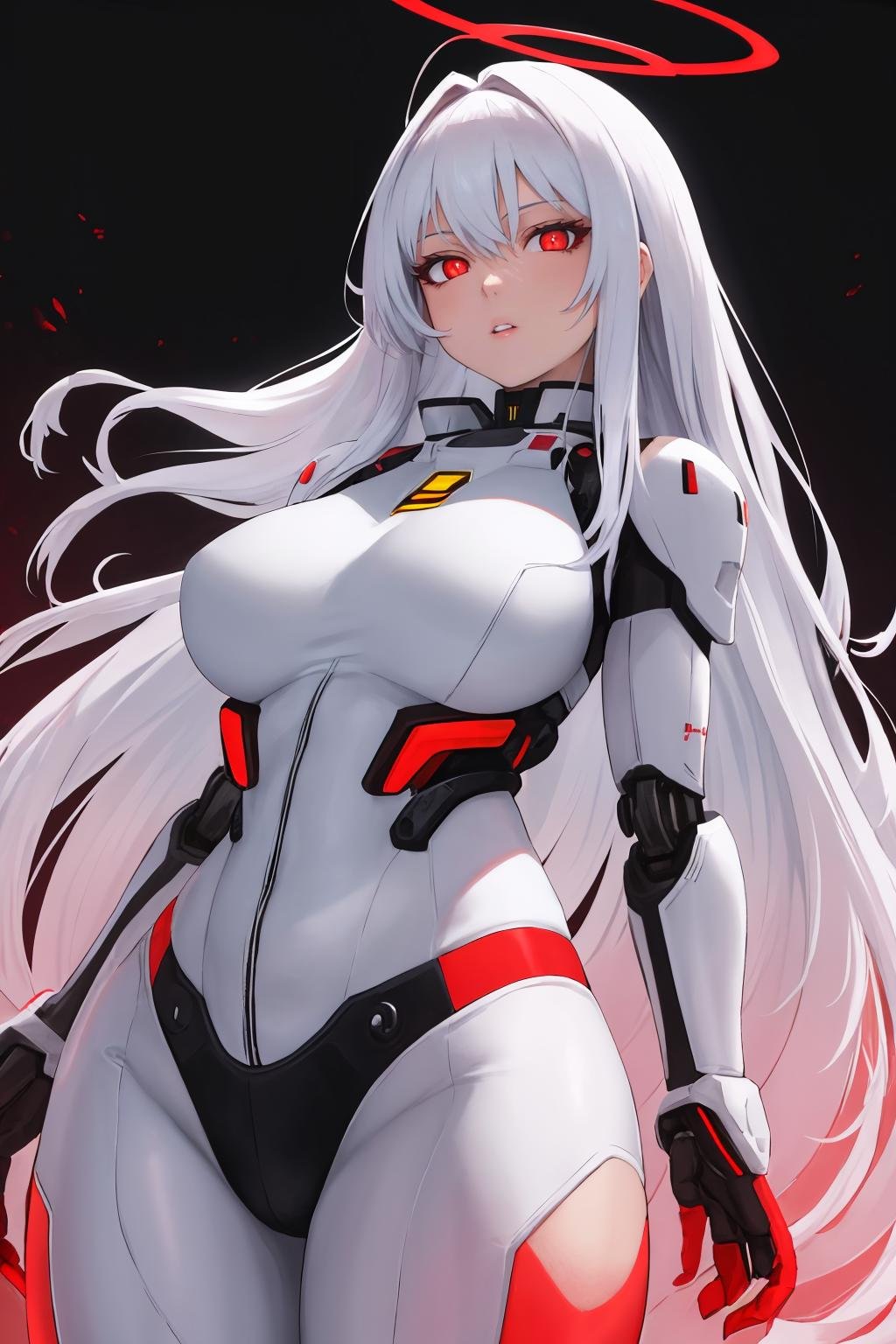 masterpiece, best quality, 1girl, solo, <lora:ayre-acvi-richy-v1:1> ayre, white bodysuit, mecha musume, parted lips, looking at viewer, arms at sides, huge breasts, halo, red eyes, black background, glowing eyes, white skin