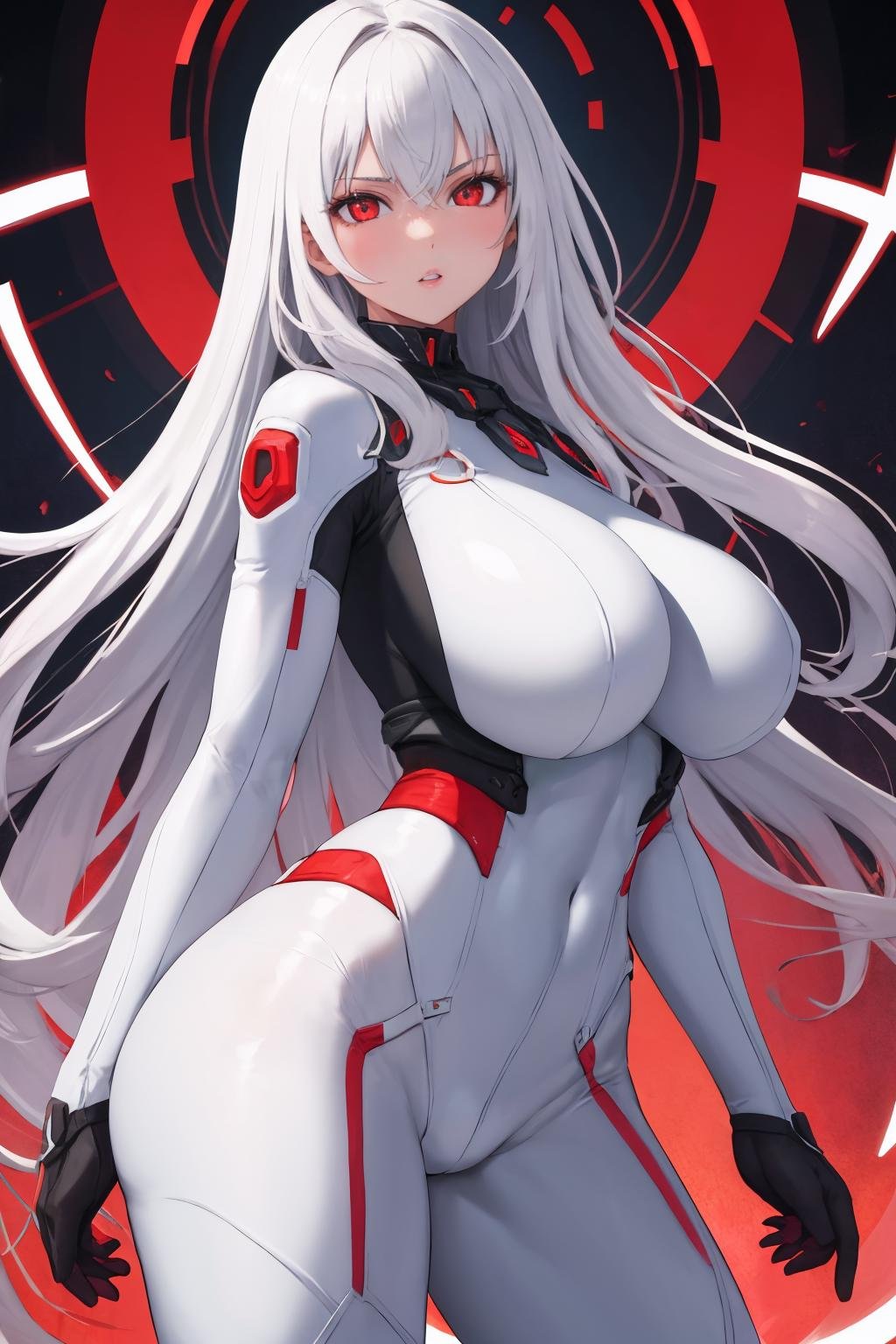 masterpiece, best quality, 1girl, solo, <lora:ayre-acvi-richy-v1:1> ayre, white bodysuit, parted lips, looking at viewer, arms at sides, huge breasts, red (electricity:0.6)