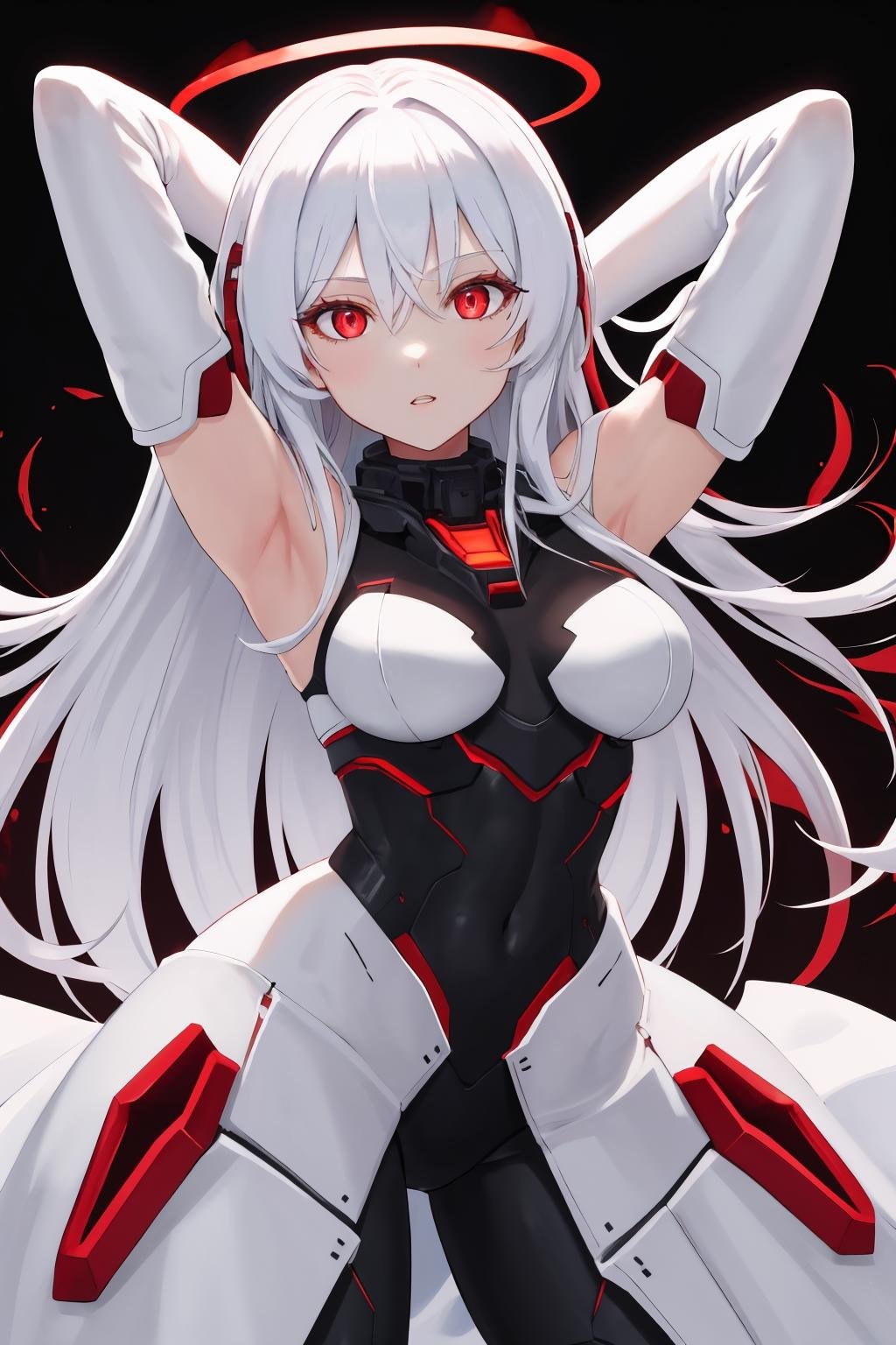 masterpiece, best quality, 1girl, solo, <lora:ayre-acvi-richy-v1:1> ayre, white dress, mecha musume, parted lips, looking at viewer, arms behind head, medium breasts, halo, red eyes, black background, glowing eyes, white skin