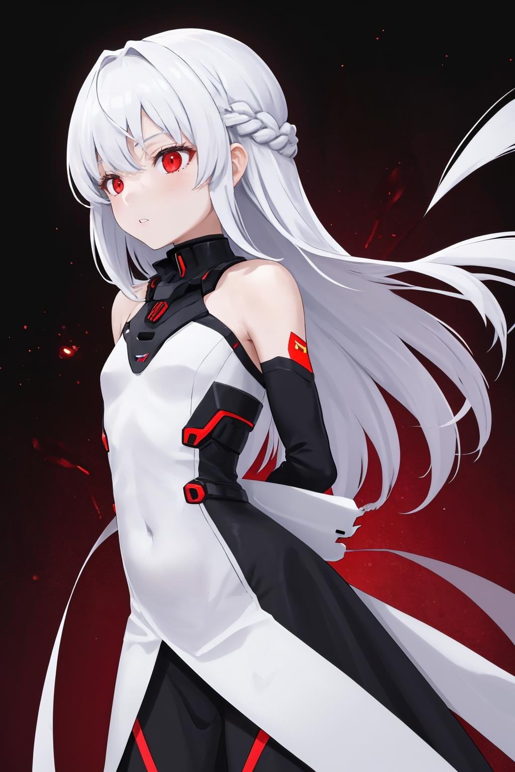 masterpiece, best quality, 1girl, solo, <lora:ayre-acvi-richy-v1:1> ayre, french braid, red eyes, black background, black dress, science fiction, mecha musume, flat chest, arms behind back, parted lips, expressionless, white skin