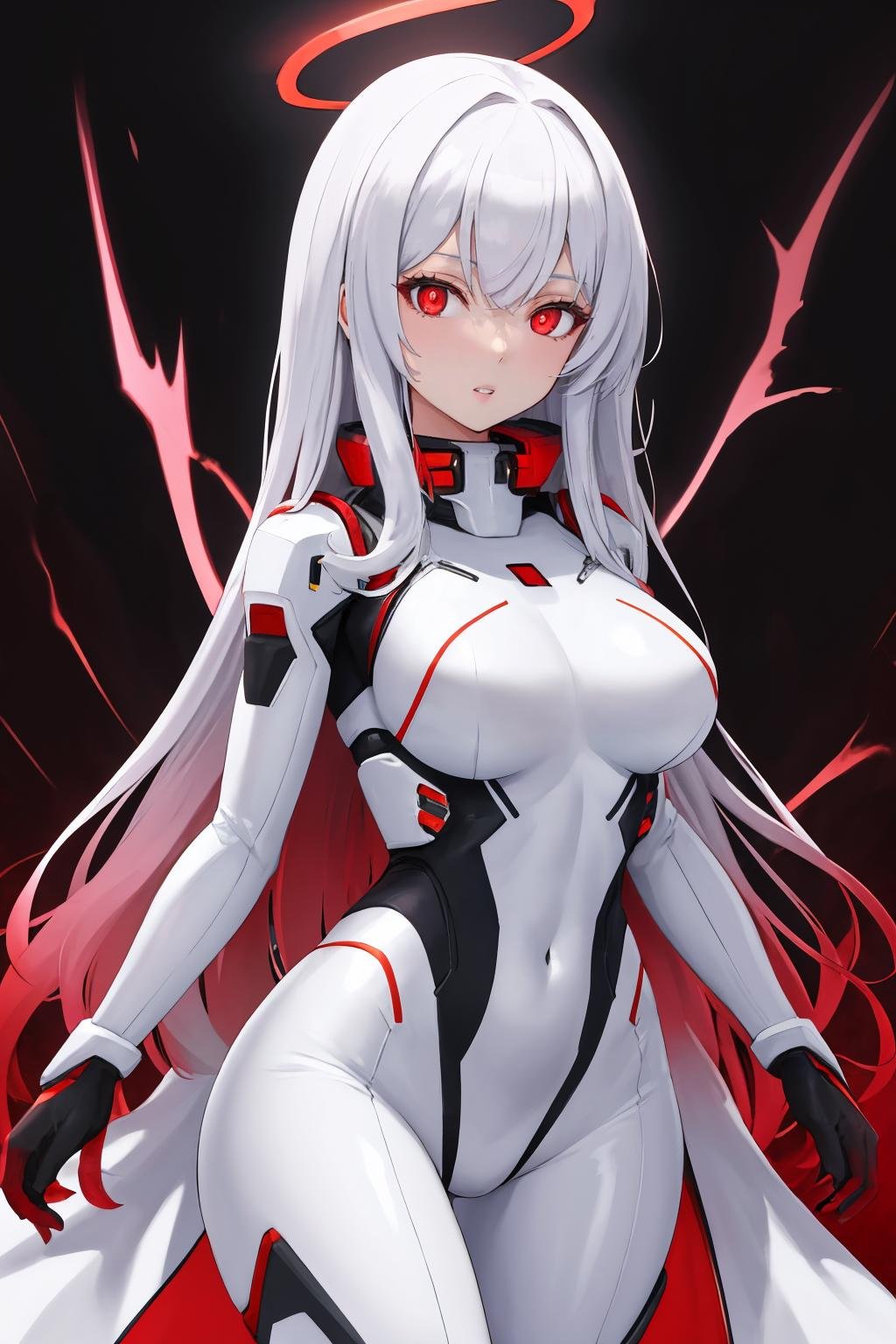 masterpiece, best quality, 1girl, solo, <lora:ayre-acvi-richy-v1:1> ayre, white bodysuit, mecha musume, parted lips, looking at viewer, arms at sides, large breasts, halo, red eyes, black background, glowing eyes, white skin