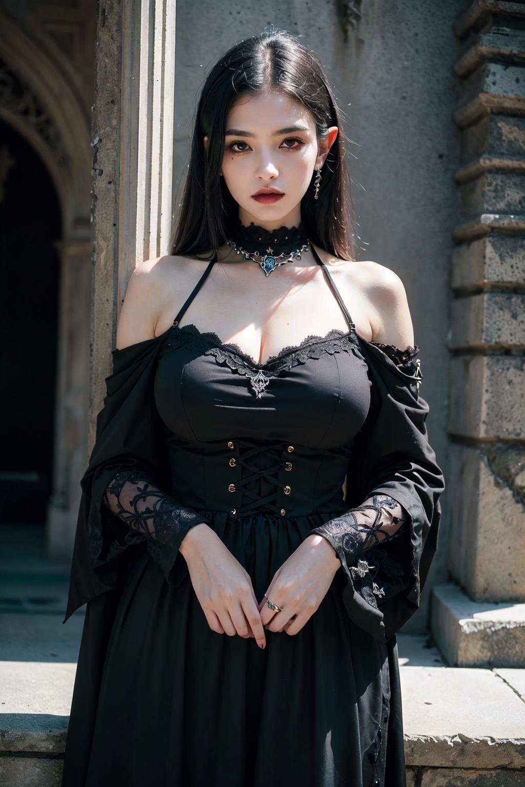 1girl, gigantic breasts, (dark elf:1.3), dark robe, black skin, ,<lora:GothGal:0.7> gothgal, wearing a gothgal outfit, (castle:1.3), (realistic, realistic_background, high_resolution, distinct_image:1.2), (extremely intricate, detailed light, detailed shadow:1.1), (F4, 1/800s, ISO 100, RAW)