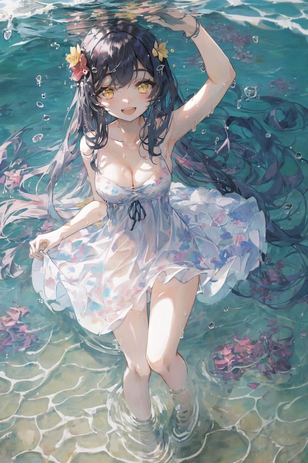 art by Cornflower, dreamy,(1girl, air_bubble, armpits, bangs, bare_arms, bare_shoulders, breasts, bubble, caustics, cleavage, collarbone, dress, eyebrows_visible_through_hair, fish, flower, hair_flower, hair_ornament, long_hair, looking_at_viewer, medium_breasts, ocean, open_mouth, sleeveless, sleeveless_dress, smile, solo, splashing, submerged, underwater, water, water_drop, waves, white_dress, yellow_eyes)  <hypernet:Cornflower_Mirage:1>