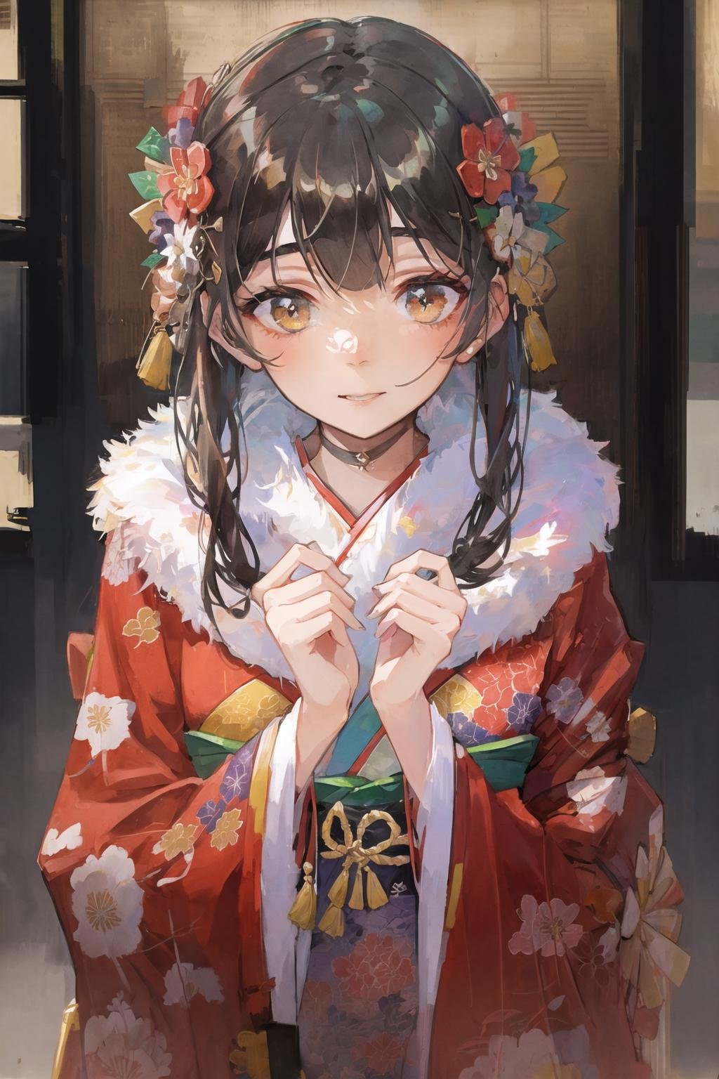 art by Cornflower, dreamy,(masterpiece, best quality, brown hair brown eyes,gyaru,street fashion, hair ornament,choker, cowboy shot, masterpiece, best quality, cute girl in kawaii intricate ornate flower embroidery red kimono at a shrine,winter,cinematic lighting,haregi,furisode,faux fur collar,japanese hair ornament,looking at viewer,[[[happy]]],(((realistic))))  <hypernet:Cornflower_Mirage:1>