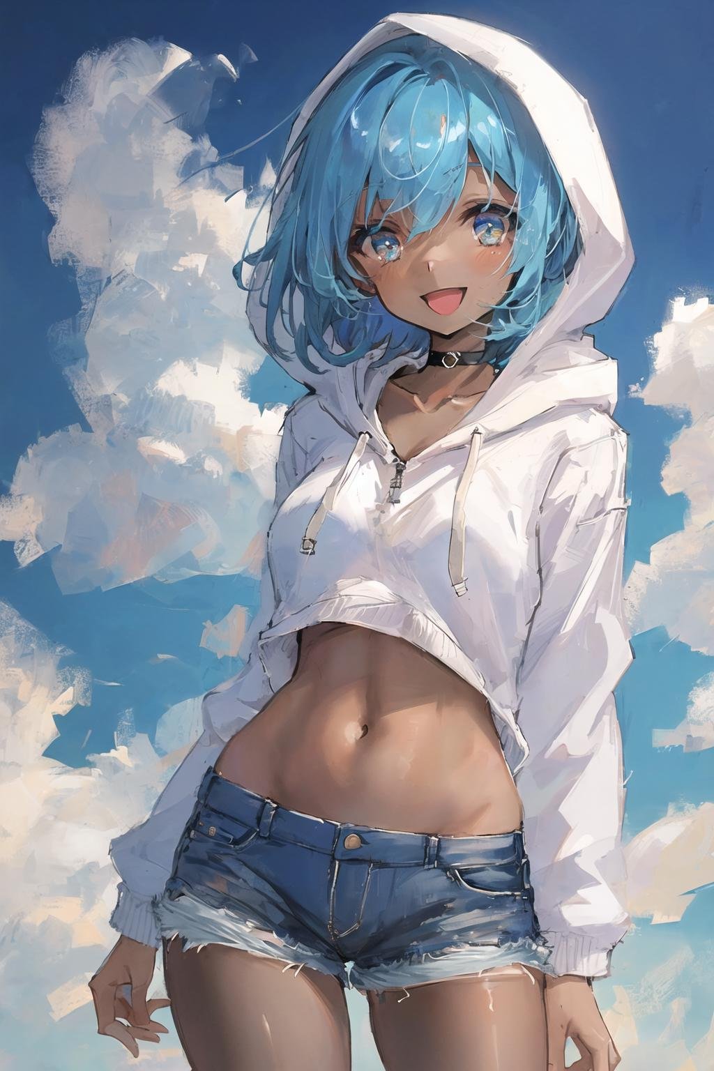 art by Cornflower, dreamy,(1girl, animal_hood, bangs, black_choker, blue_eyes, blue_hair, choker, collarbone, cowboy_shot, dark-skinned_female, dark_skin, denim, denim_shorts, drawstring, hood, hood_down, hood_up, hoodie, long_sleeves, looking_at_viewer, midriff, navel, open_mouth, pantyhose, short_hair, short_shorts, shorts, smile, solo, white_hoodie)  <hypernet:Cornflower_Mirage:1>