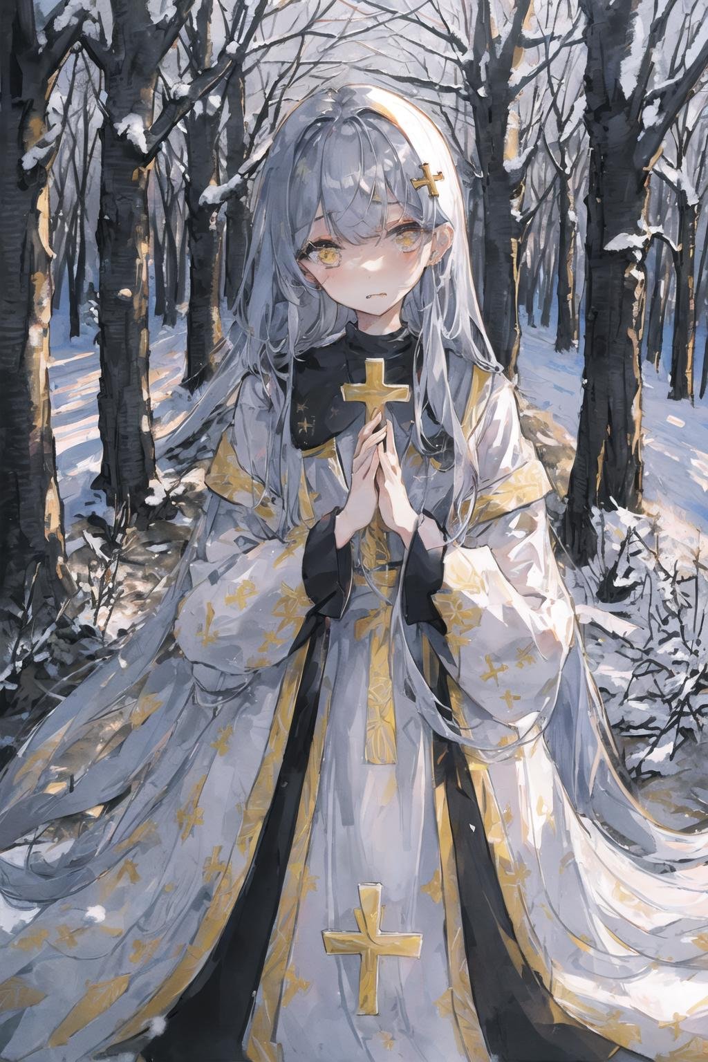 art by Cornflower, dreamy,(1girl, bare_tree, church, closed_eyes, closed_mouth, cross, facing_viewer, forest, hair_ornament, long_hair, long_sleeves, nature, own_hands_together, praying, silver_hair, snow, solo, tree, very_long_hair)  <hypernet:Cornflower_Mirage:1> 