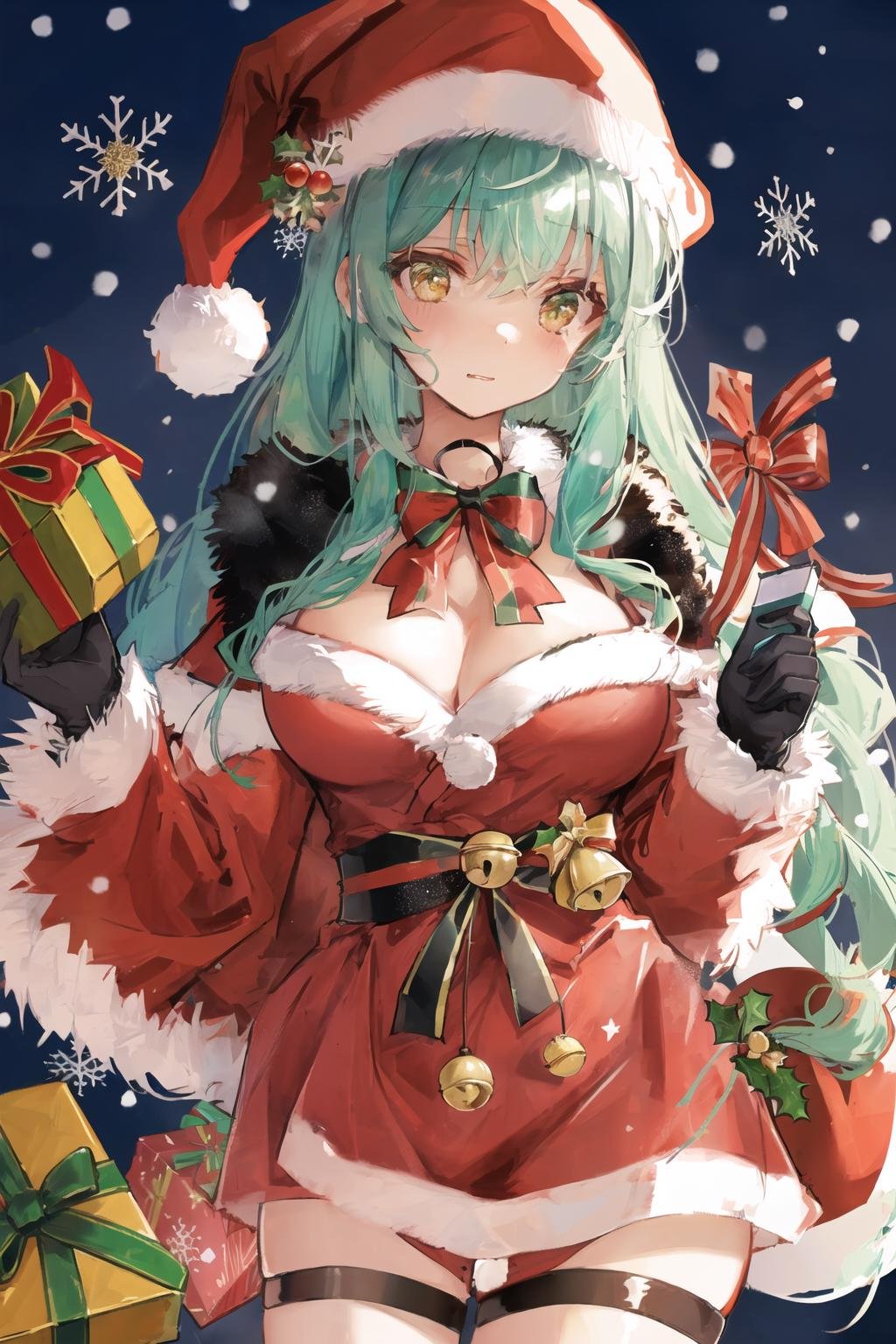 art by Cornflower, dreamy,(1girl, animal_costume, antlers, bag, bare_shoulders, bell, bobblehat, box, breasts, candy_cane, capelet, carrying_over_shoulder, chicken_\(food\), chimney, christmas, christmas_lights, christmas_ornaments, christmas_tree, deer_ears, fake_antlers, fake_facial_hair, fake_mustache, fireplace, fur, fur-trimmed_boots, fur-trimmed_cape, fur-trimmed_capelet, fur-trimmed_cloak, fur-trimmed_coat, fur-trimmed_dress, fur-trimmed_gloves, fur-trimmed_headwear, fur-trimmed_hood, fur-trimmed_jacket, fur-trimmed_kimono, fur-trimmed_legwear, fur-trimmed_shorts, fur-trimmed_skirt, fur-trimmed_sleeves, fur_trim, gift, gift_bag, gift_box, giving, gradient_hair, green_ribbon, hair_bell, hat, holding, holding_bag, holding_box, holding_gift, holding_sack, holly, incoming_gift, long_hair, looking_at_viewer, medium_breasts, merry_christmas, multicolored_hair, neck_bell, ornament, over_shoulder, pine_tree, pom_pom_\(clothes\), red_bow, red_bowtie, red_cape, red_capelet, red_dress, red_gloves, red_headwear, red_skirt, red_sleeves, reindeer, reindeer_antlers, reindeer_costume, rooftop, sack, santa_bikini, santa_boots, santa_costume, santa_dress, santa_gloves, santa_hat, snow, snowflake_background, snowflake_hair_ornament, snowflake_print, snowflakes, snowing, snowman, solo, wreath)  <hypernet:Cornflower_Mirage:1>