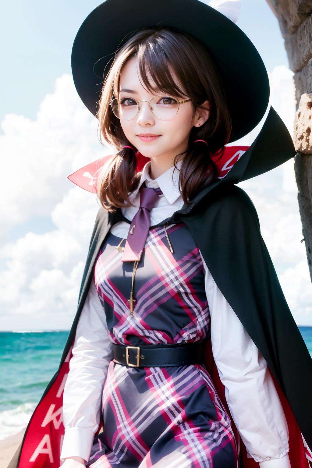 masterpiece, best quality,<lora:SumirekoUsami:1>,usami sumireko, 1girl,hat,hat bow, brown hair,low twintails,glasses,brown eyes,cape,boo tie,plaid vest,shirt,plaid skirt,long sleeves,  clothes writing,bolo tie, smile,outdoors,ocean