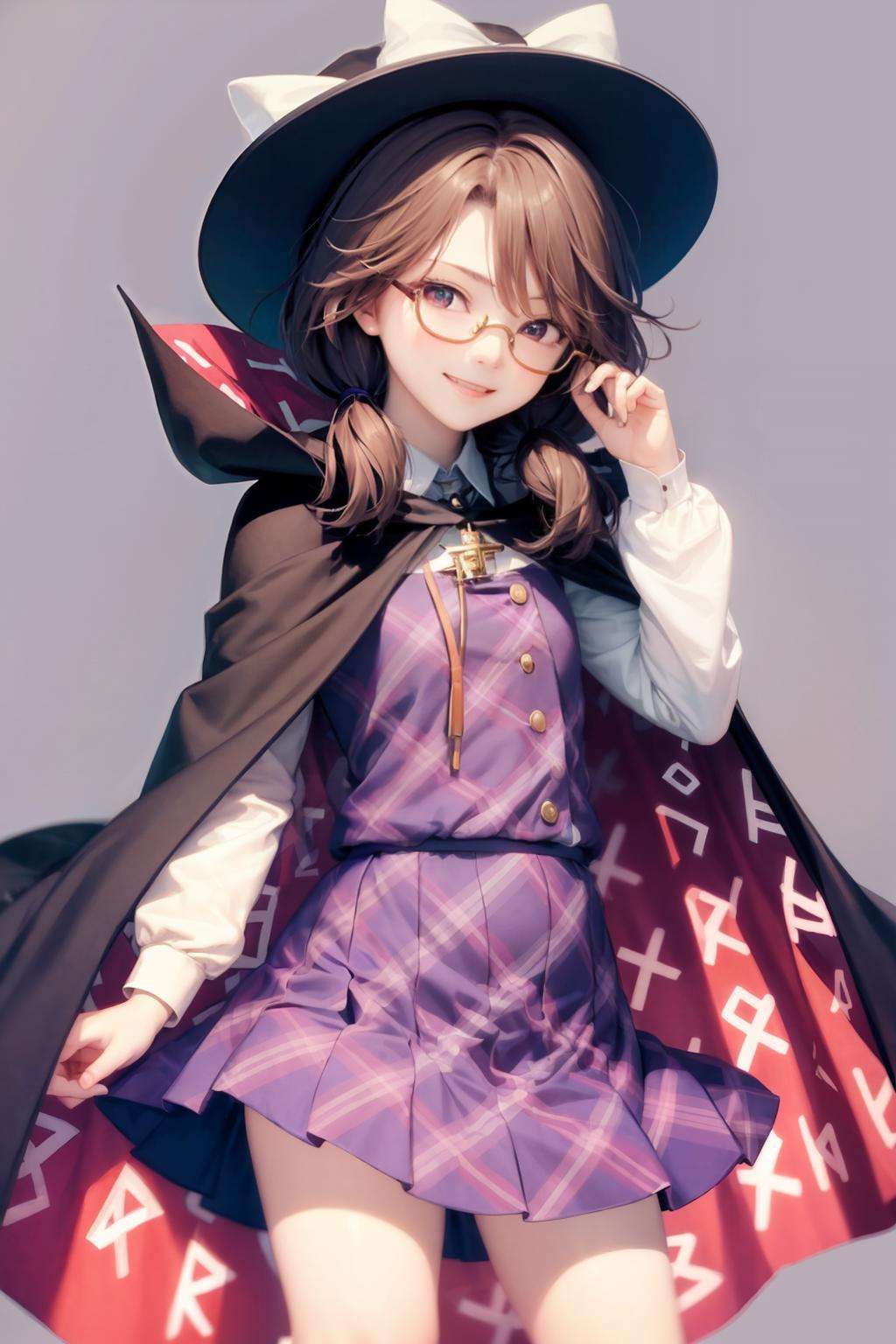 masterpiece, best quality,<lora:SumirekoUsami:1>,usami sumireko, 1girl,hat,hat bow, brown hair,low twintails,red glasses,brown eyes,cape,boo tie,plaid vest,shirt,plaid skirt,long sleeves,  clothes writing,bolo tie,grey background, smile,