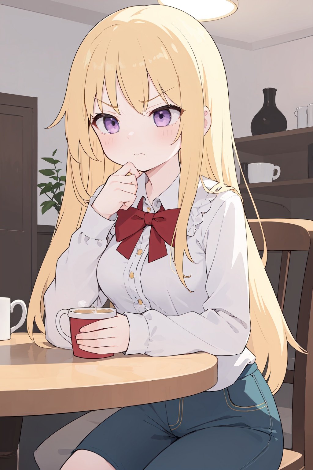 (masterpiece, best quality:1.2),extremely detailed,soft ambient lighting,sharp focus,4K,BREAK 1girl,small girl,forehead,(long blonde hair, red colored inner hair:1.2),hikimayu,purple eyes,angry,closed mouth,blush,medium breasts,yellow dress,blue pants,<lora:colored inner hair:1.2>,<lora:Style (Yamamoto):1>,<lora:(Concept) Eyebrows Maro:0.7>,BREAK <lora:sitac:1>,indoors,across table,elbows on table,cup,looking away,cumgar,cup of cum,