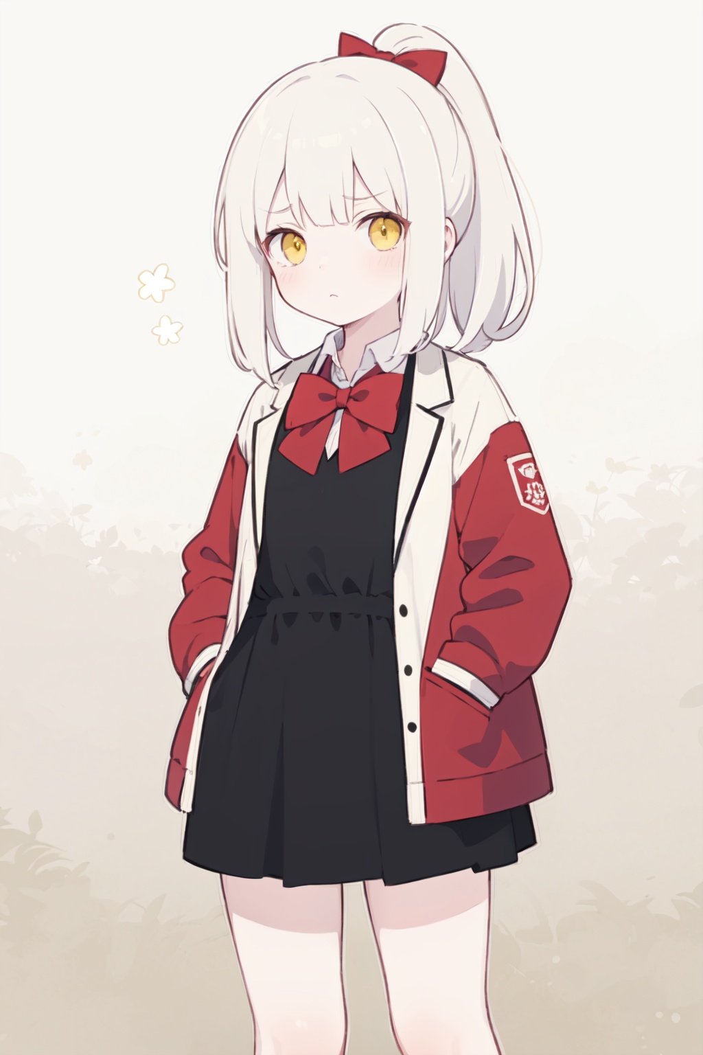 (best quality),((masterpiece)),(highres),standing,original,extremely detailed wallpaper,(an extremely delicate and beautiful),(loli),(petite),(skindentation:1.2),white hair,Yellow eyes,(red Jacket),high ponytail,white collared shirt,hair flower,fipped hair,floating hair,Frown,hands in pockets,black dress,red bowtie,(solo),flat,cozy anime,topless:1.5,large_breast:1.5,