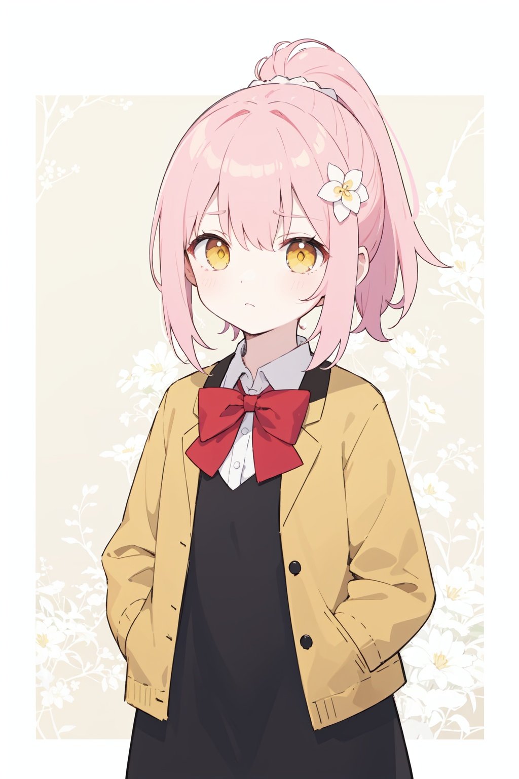 (best quality),((masterpiece)),(highres),standing,original,extremely detailed wallpaper,(an extremely delicate and beautiful),(loli),(petite),Pink hair,Yellow eyes,(red Jacket),high ponytail,white collared shirt,hair flower,fipped hair,floating hair,Frown,hands in pockets,black dress,red bowtie,(solo),cozy anime,houtufeng,