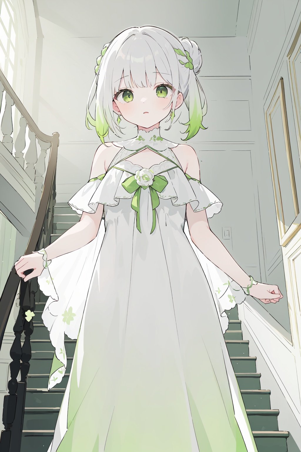 best quality,masterpiece,(solo),(close up),1girl,bright white hair,(haf updo),gray eyes,floating hair,(raise),night gown,(gown_\\(White and green gradient color\\):1.2),bare shoulders,in palace,hall,stair railing,sunlight,from below,