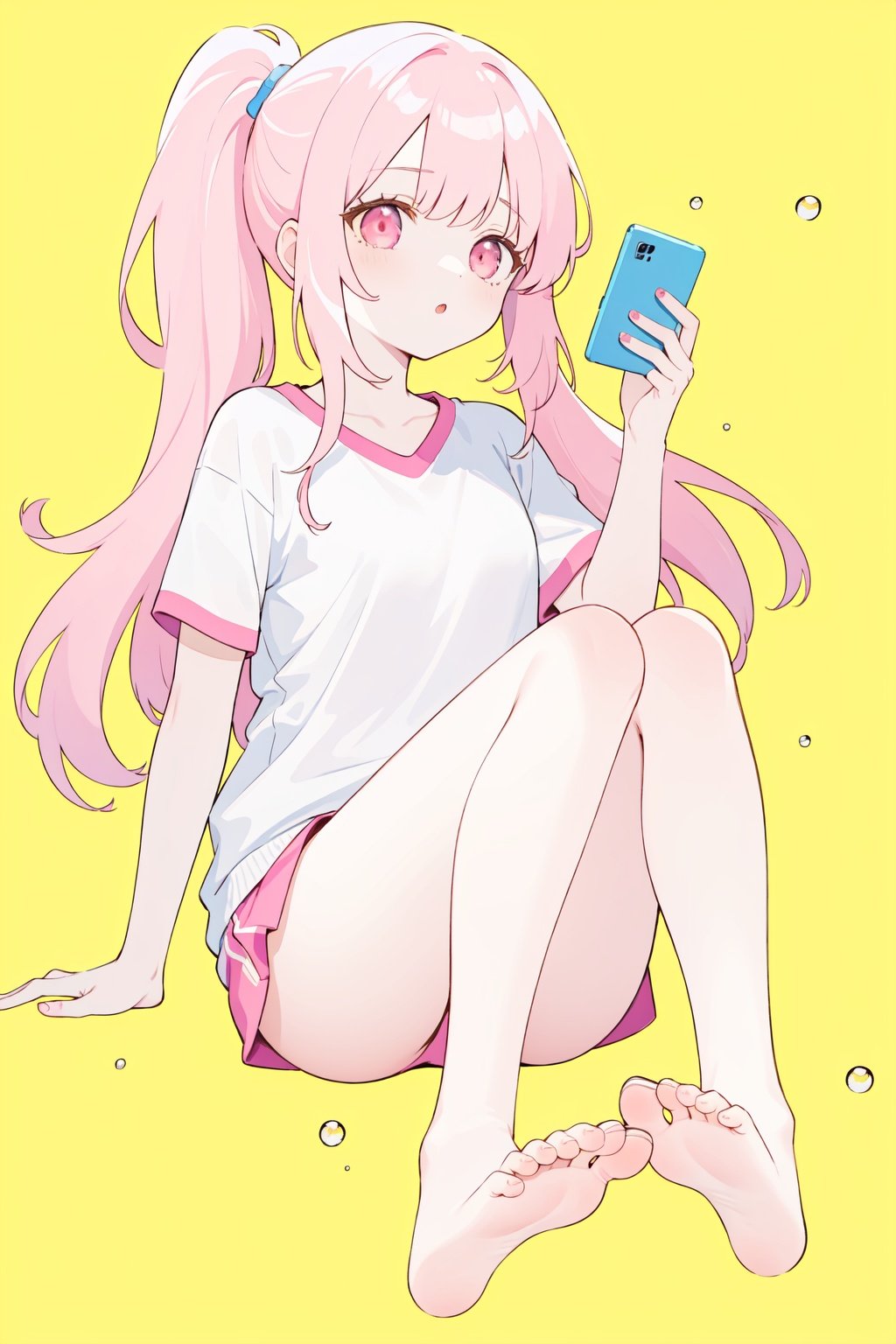 masterpiece,bright,high quality,1girl,sportswear,yellow background,no shirt,head lift,air bubble,Ultra-Wide Angle,solo,light pink hair,pony_tail,hair_censor,bare_feet,long_legs,((holding pink smart phone)),watercolor_(medium),watercolor,cozy anime,