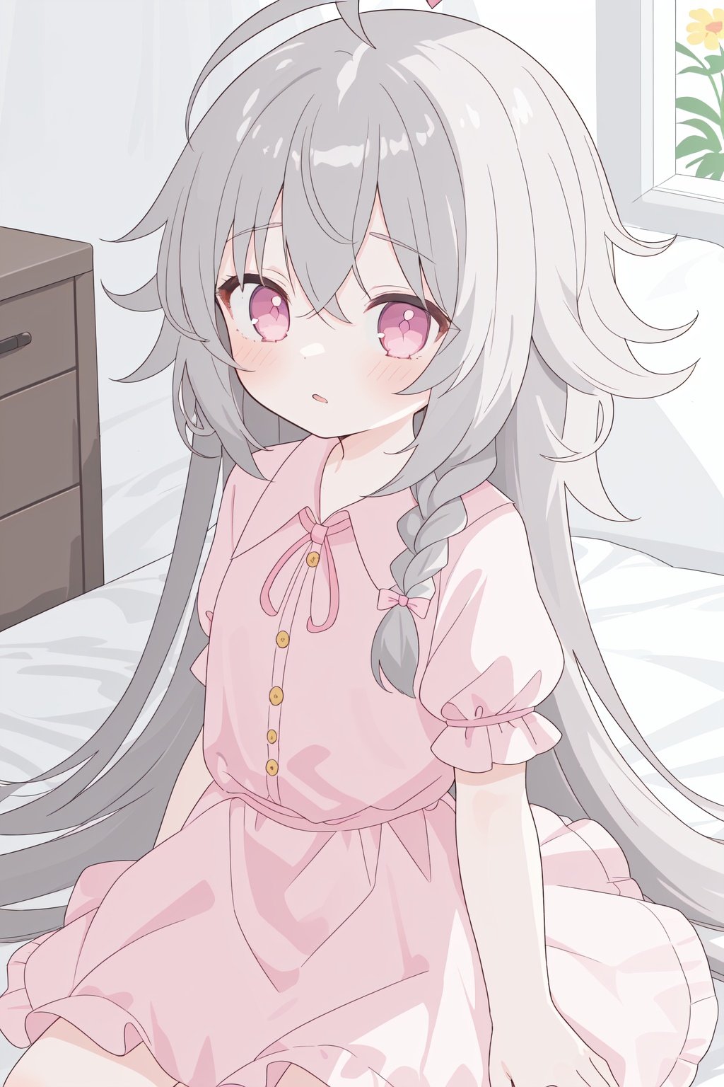 masterpiece,(messy hair:1.25),1girl,(loli:1.3),pink dress,(lazy),grey hair,pink eyes,shiny eyes,collared dress,cute,single braid,(very long hair:1.1),(ahoge:1.3),flower,