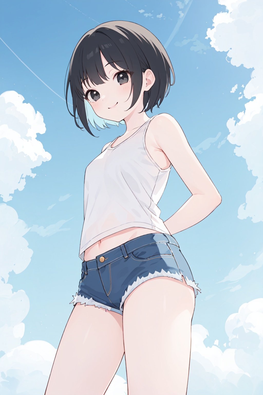 masterpiece,best quality,<lora:comiclo:1>,1girl,solo,shorts,short hair,from below,sky,cloud,denim shorts,black hair,day,denim,black eyes,smile,cutoffs,arms behind back,blue shorts,short shorts,bare shoulders,blue sky,