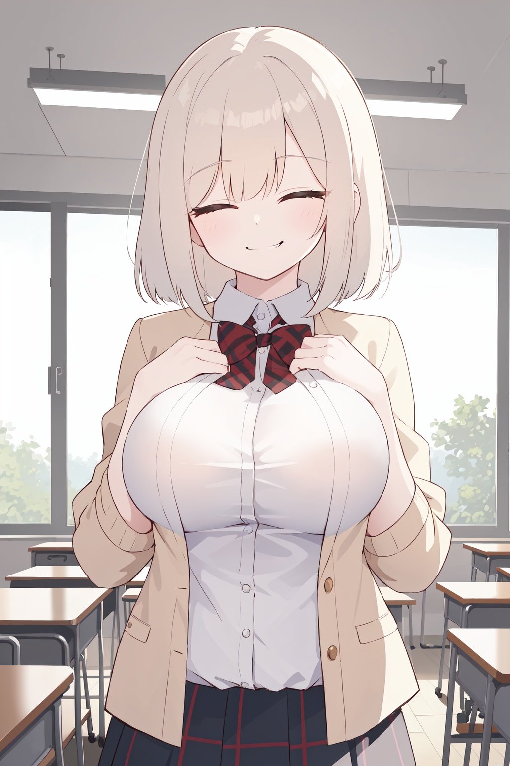 (((picture perfect))),(absurdres),1girl,solo,shinka nibutani,large breasts,school uniform,(jacket:1.1),plaid skirt,smirk,half-closed eyes,looking at viewer,classroom,warm lighting,standing,upper_body,hands_on_own_chest,looking_to_the_side,large_breasts,