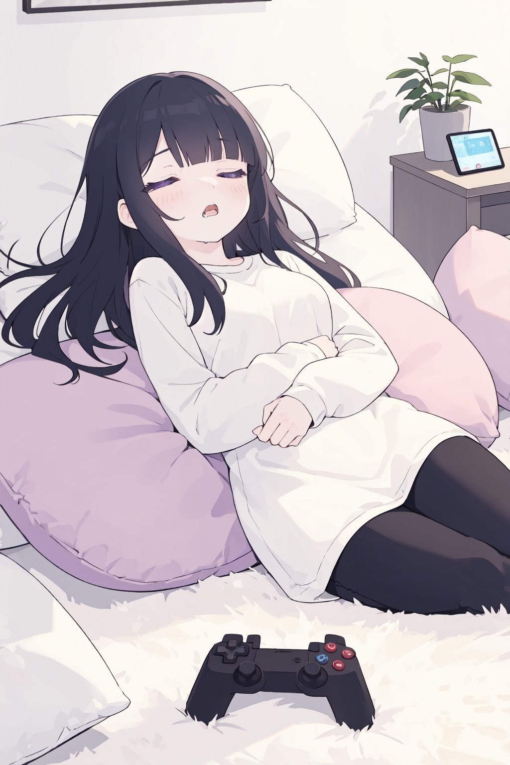 MGCM dia,long hair,multicolored hair,black hair,white hair,hair over one eye,purple eyes,MGCM costume,shirt,long sleeves,sleeves past wrists,torn clothes,barefoot,<lora:MGCM_dia_ep15:0.7>,BREAK medium breasts,anmnr,beautiful,masterpiece,8K resolution,extremely detailed face,little girl,1girl,Beautiful woman,20 years old,eye highlights,sleep,Close ~ eyes,blush,open mouth,drool,BREAK (Are sleeping:1.2),(sleep on a cushion:1.2),BREAK anime background,Indoors,your room,carpet,Cushions,game software,game consoles,tables,