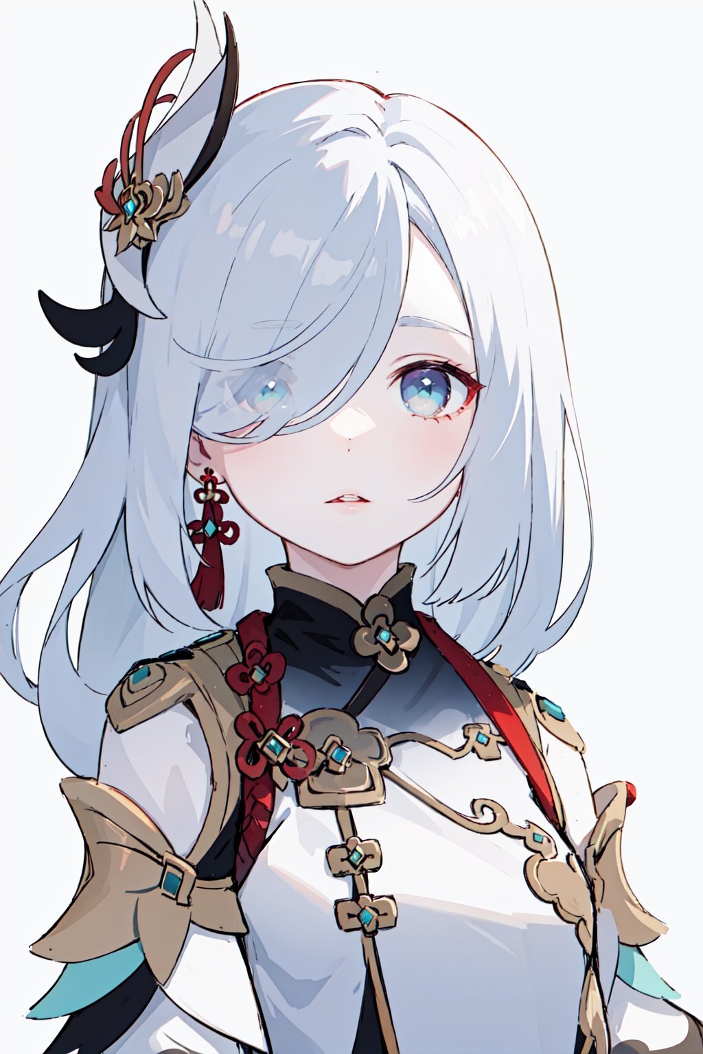 shenhe(genshin impact),tassel,hair over one eye,1girl,tassel earrings,white background,solo,simple background,jewelry,long hair,blue eyes,earrings,white hair,parted lips,upper body,looking at viewer,<lora:Shenhe_Hard:1>,