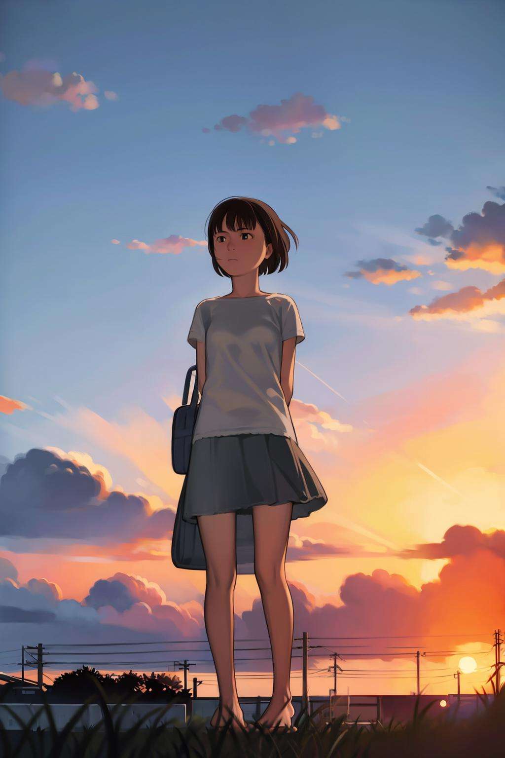 masterpiece, best quality,<lora:comiclo:1>,1girl, solo, short hair, skirt, sky, standing, outdoors, shirt, black hair, barefoot, arms behind back, brown eyes, white shirt, instrument case, power lines, short sleeves, black eyes, sunset, cloud, bag, scenery, holding, brown hair, looking away, t-shirt