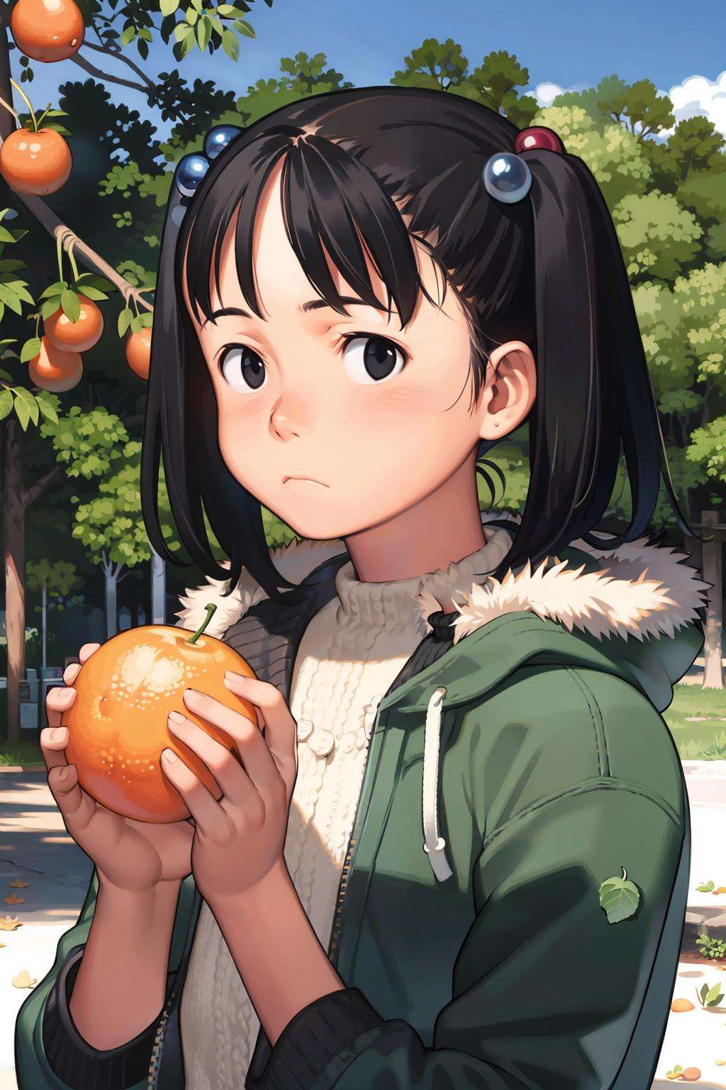 masterpiece, best quality,<lora:comiclo:1>,1girl, solo, black hair, fruit, black eyes, tree, food, coat, hair ornament, orange (fruit), looking at viewer, upper body, short hair, closed mouth, bangs, fur trim, outdoors, hair bobbles, jacket, hood down, day, leaf, zipper, mandarin orange, winter clothes, frown, twintails, branch, turtleneck, long sleeves, sunlight, expressionless