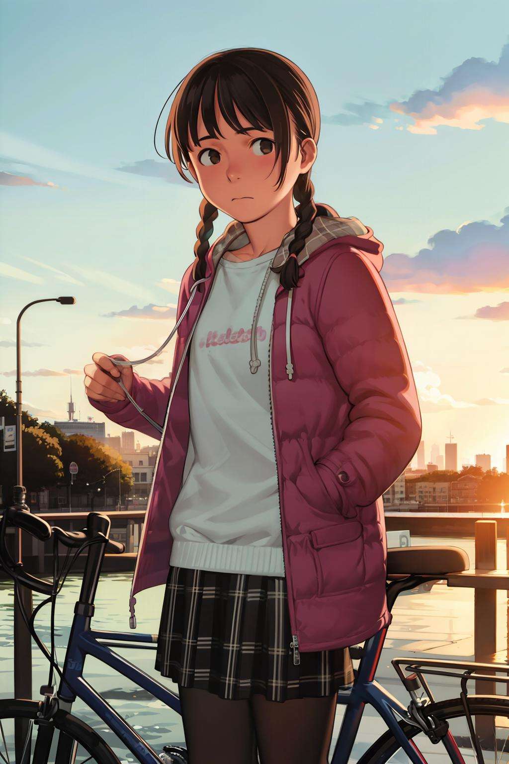 masterpiece, best quality,<lora:comiclo:1>,1girl, solo, ground vehicle, bicycle, skirt, hood, sky, long hair, outdoors, cloud, bicycle basket, brown hair, hood down, twintails, braid, sunset, twin braids, hair over shoulder, long sleeves, hoodie, jacket, looking at viewer, coat, brown eyes, standing, city, pleated skirt, closed mouth, building, hooded jacket, motor vehicle, black hair, plaid skirt, plaid, scenery, bangs