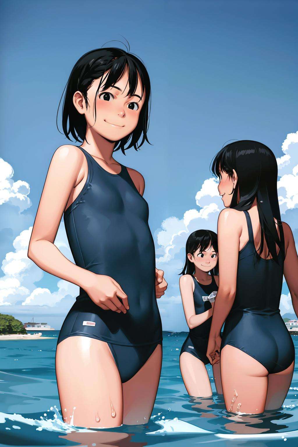 masterpiece, best quality,<lora:comiclo:1>,multiple girls, swimsuit, 3girls, one-piece swimsuit, school swimsuit, day, water, black hair, outdoors, wading, black eyes, cloud, short hair, sky, smile, black one-piece swimsuit, ocean, flat chest,