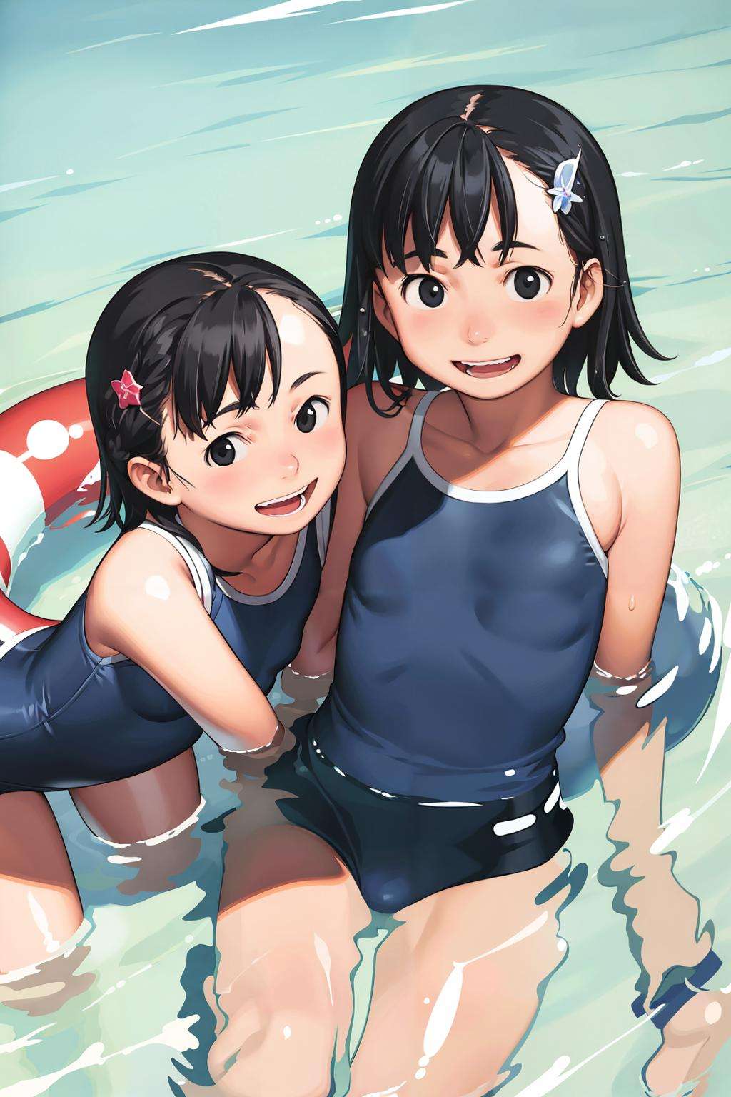 masterpiece, best quality,<lora:comiclo:1>,multiple girls, 2girls, swimsuit, innertube, one-piece swimsuit, water, school swimsuit, black hair, afloat, short hair, smile, black eyes, partially submerged, hair ornament, barefoot, hairclip, open mouth, looking at viewer, flat chest