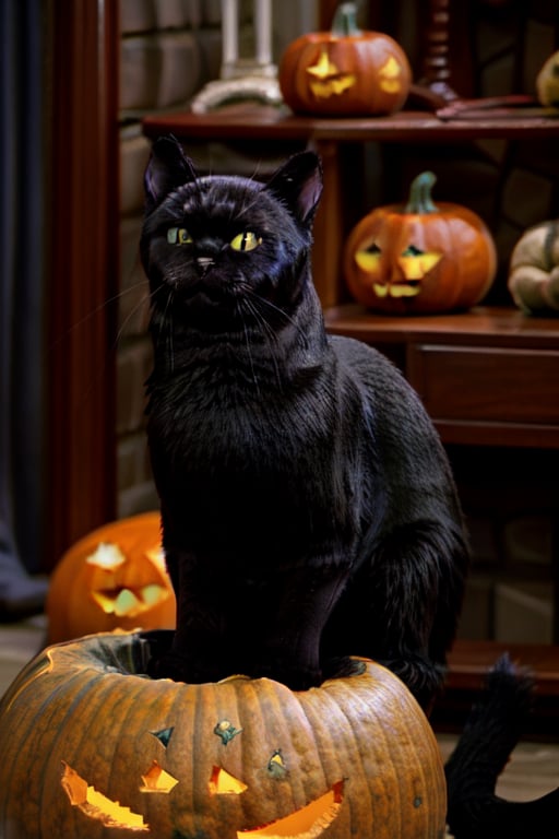 s0alem,saberhagen,black cat,cat sitting,yellow eyes,cat, sitting on top of a pumpkin,