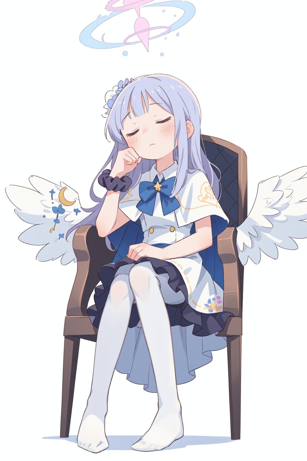 Masterpiece,best quality,high-rise,1 girl,from below,foot focus,medium chest,empty eyes,annoying face,((white pantyhose)),sitting in a chair,A simple background,aamika,halo,long hair,hair flower,angel wings,white wings,low wings,crescent,capelet,blue bow,frills,white dress,wrist scrunchie,white pantyhose,<lora:misono_mika_v1:0.5>,