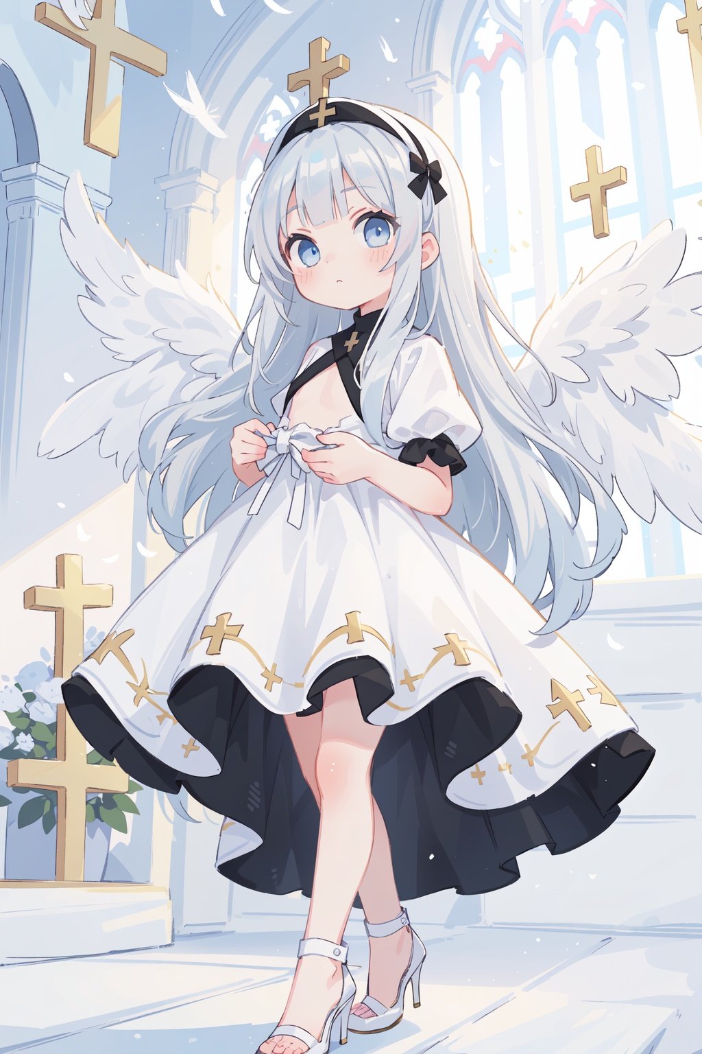 ((masterpiece:1.4, best quality))+,(ultra detailed:1.3)+,(ultra detailed eyes:1.4),(cute 1girl),15 years old,((silver hair)),(very long hair:1.3),closed mouth,(She was wearing a pure white gown made of feather:1.2),pale skin,(depth of field:1.4),(gothic lolita:0.6),((light blue eyes)),(white church background:1.3),(huge white wings:1.3),(flat chest:1.3),((huge wings)),(white high heels:1.2),(a girl in the church),(white and black simple background),((beautiful detailed eyes)),