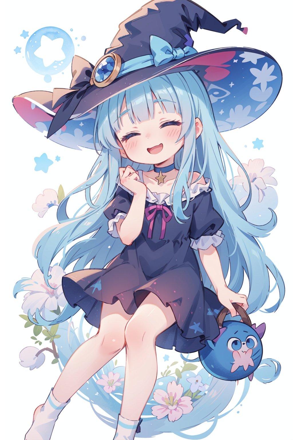 :),Shy,blushing,half-closed eyes,masterpiece,best quality,(1girl),( long blue hair),blunt bangs,blue eyes,witch hat,head tilt,albino,[watercolor],choker,