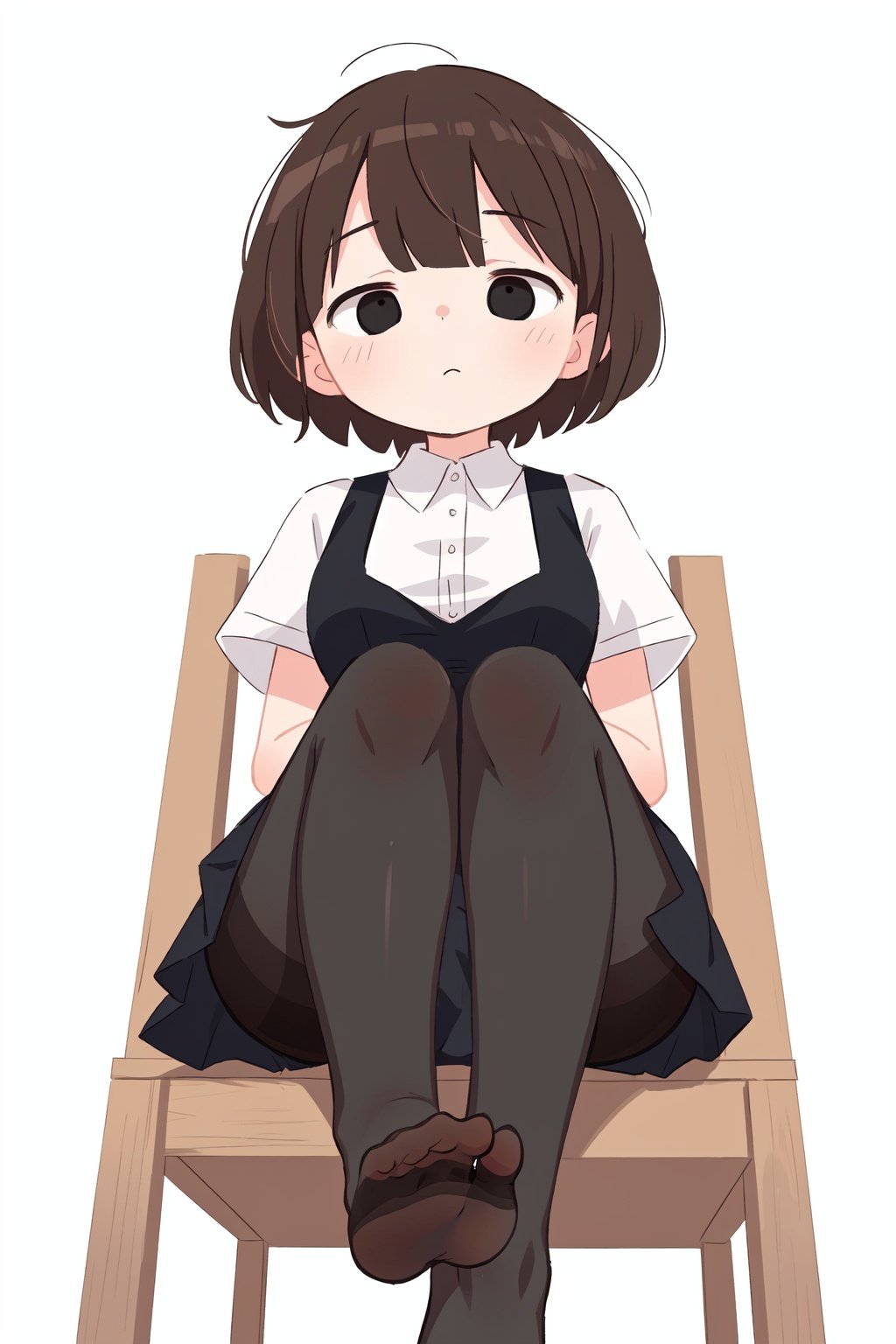 masterpiece,best quality,highres,1girl,from below,feet focus,brown hair,medium breasts,black eyes,empty eyes,dislike face,((black pantyhose)),sitting on chair,simple background,