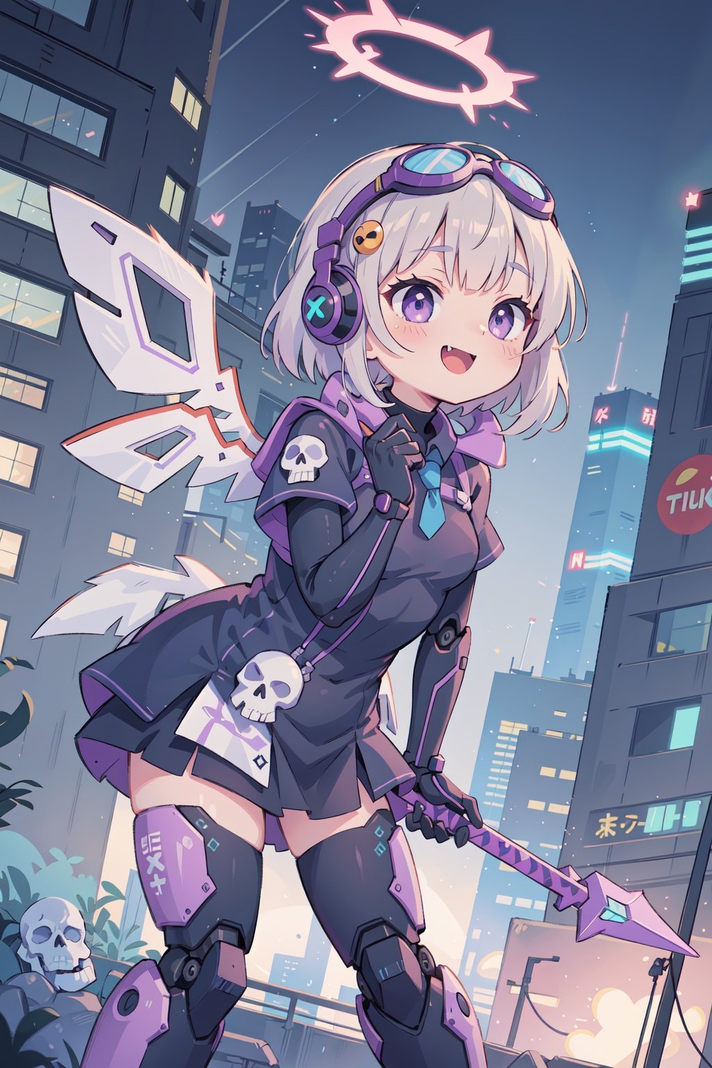 masterpiece,high quality,mecha_musume,cyborg,gyaru,humanoid_robot_,neon,imitation of strangers,mechanical,cyber,glamor,plump,oval face,evil smile,disgust,scar_across_eye,compound_eyes,purple eyes,heart-shaped_pupils,hair_tie_in_mouth,fang,fake_wings,power_armor,armored_dress,headphones_around_neck,mask_lift,mechanical_halo,goggles_on_head,skull_hair_ornament,leaning_forward,holding_polearm,in the cyberpunk city,skyscraper,full_shot,cinematic_angle,