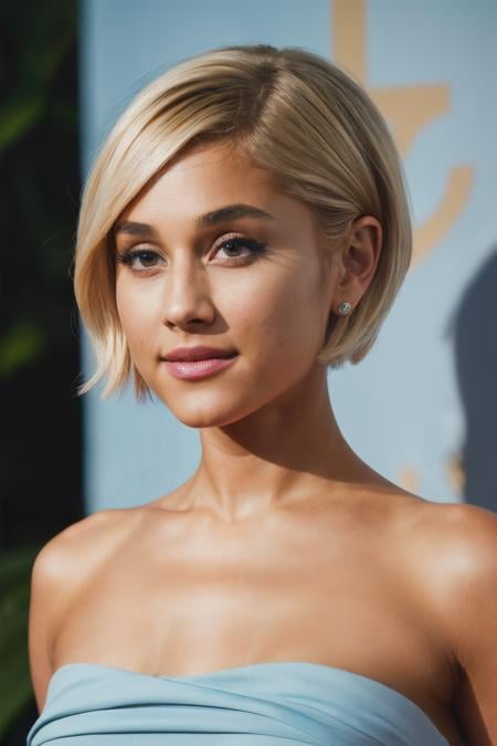 photoshoot of arg, (blonde hair), (pixie cut), (tan skin), detailed skin texture, (blush:0.2), (goosebumps:0.3), (light blue dress), subsurface scattering, Photorealistic, Hyperrealistic, Hyperdetailed, analog style, hip cocked, demure, detailed skin, matte skin, soft lighting, subsurface scattering, realistic, heavy shadow, masterpiece, best quality, ultra realistic, 8k, golden ratio, Intricate, High Detail, film photography, soft focus,<lyco:ArianaGrande-RealVision-V1.0:1.0>