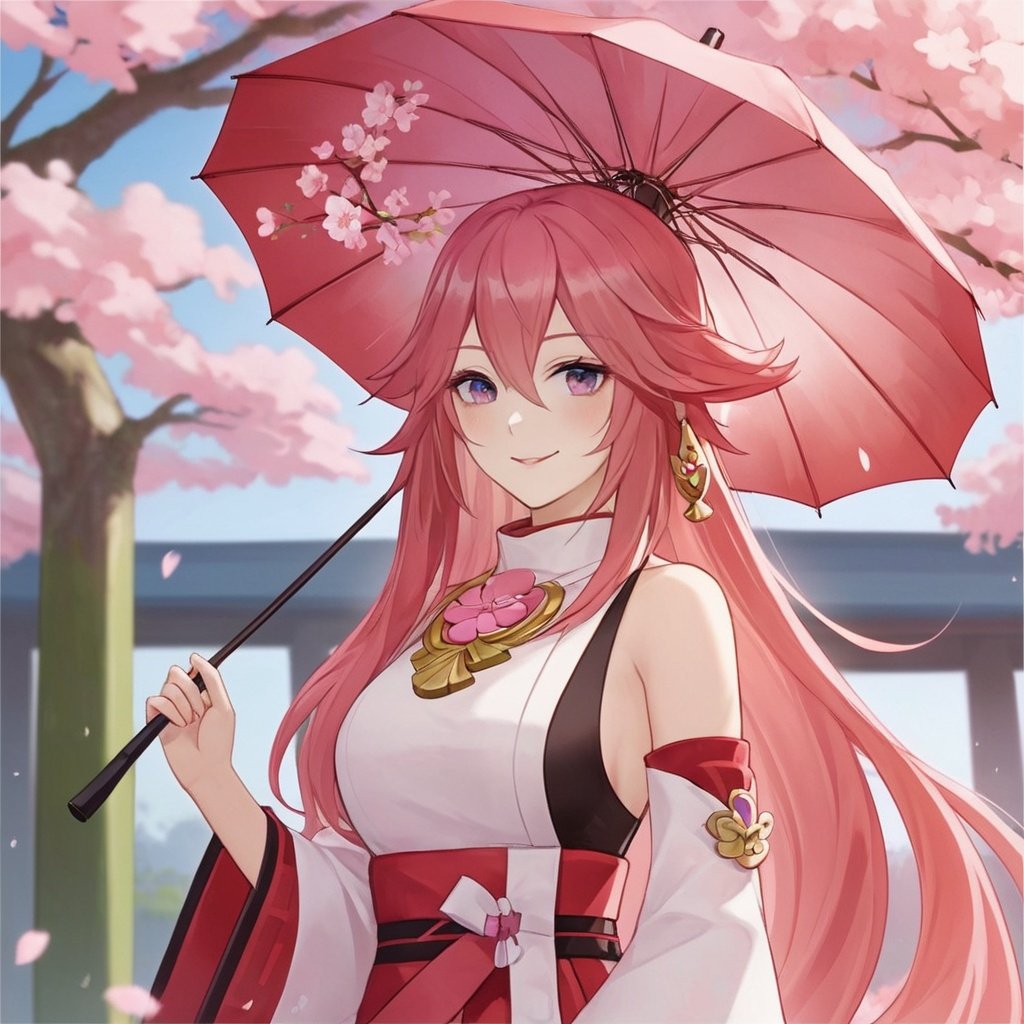 (\ba chong shen zi\),1girl, solo, long hair, umbrella, detached sleeves, holding, cherry blossoms, holding umbrella, wide sleeves, japanese clothes, smile, oil-paper umbrella, jewelry, long sleeves, bangs, earrings, outdoors, closed mouth, very long hair, medium breasts, from side, day,True Love